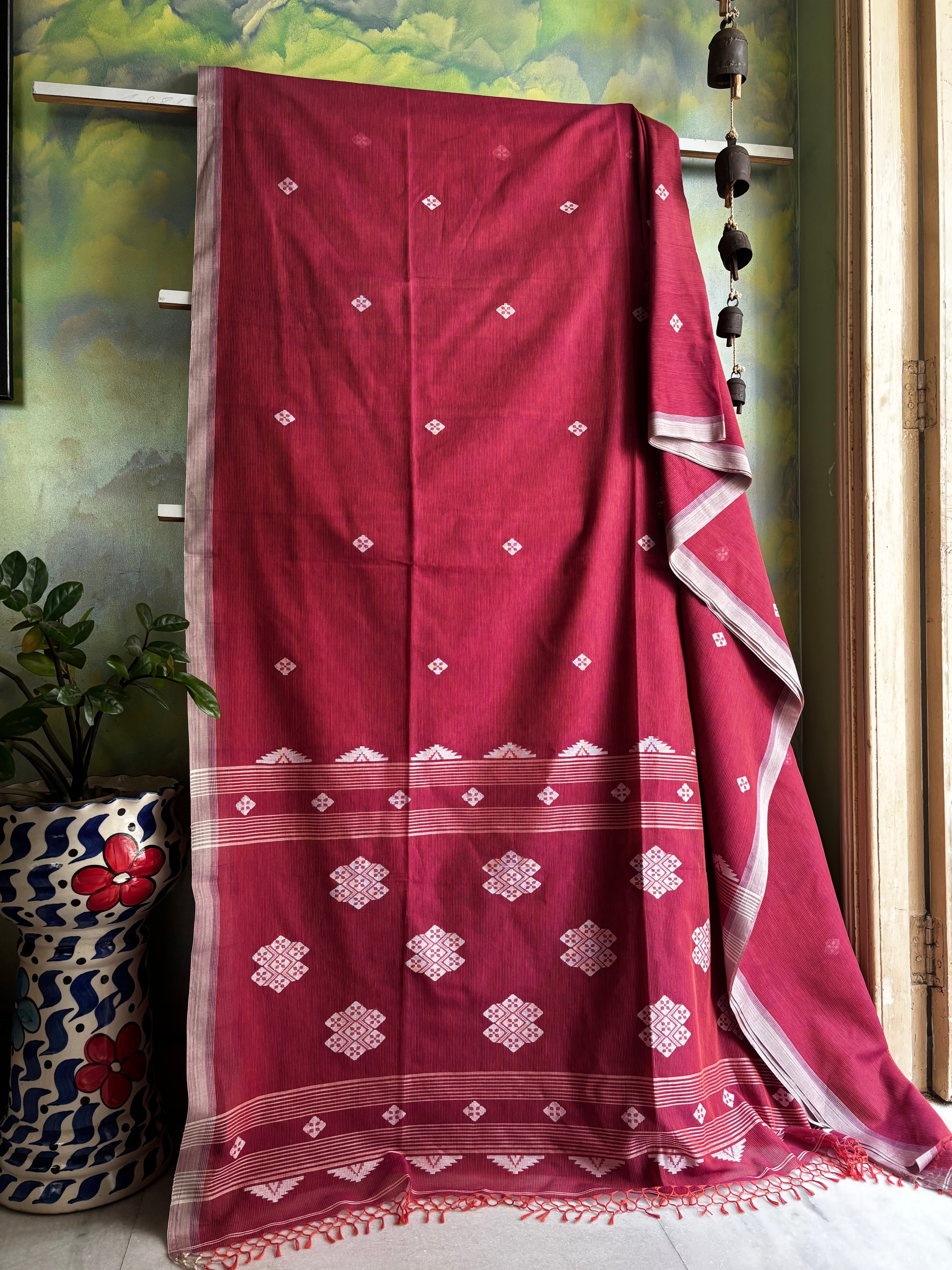 Handwoven Pink Purple Dual Toned Cotton Jamdani Saree