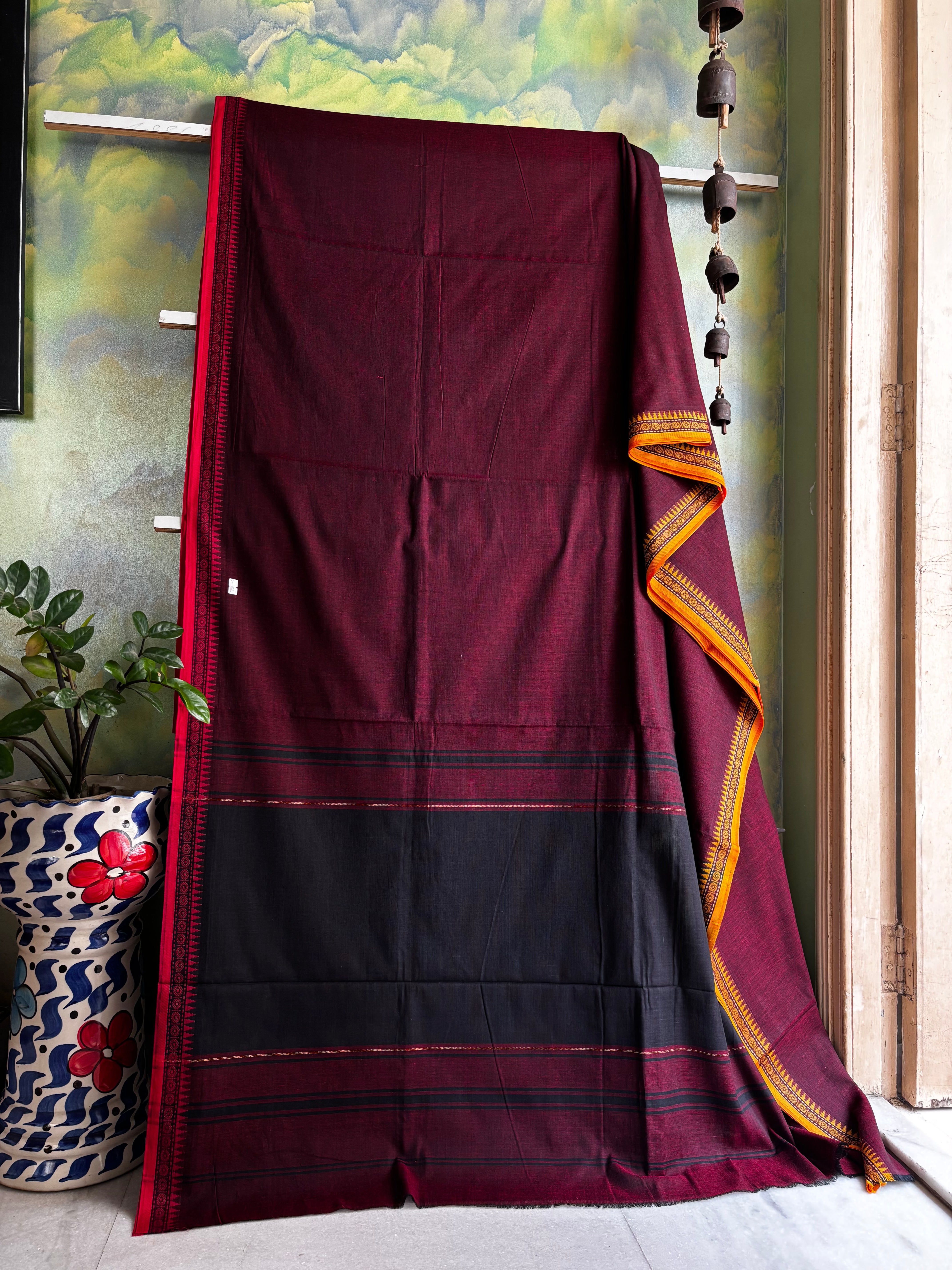 Handwoven Garnet Colour Dhonekhali Cotton Saree