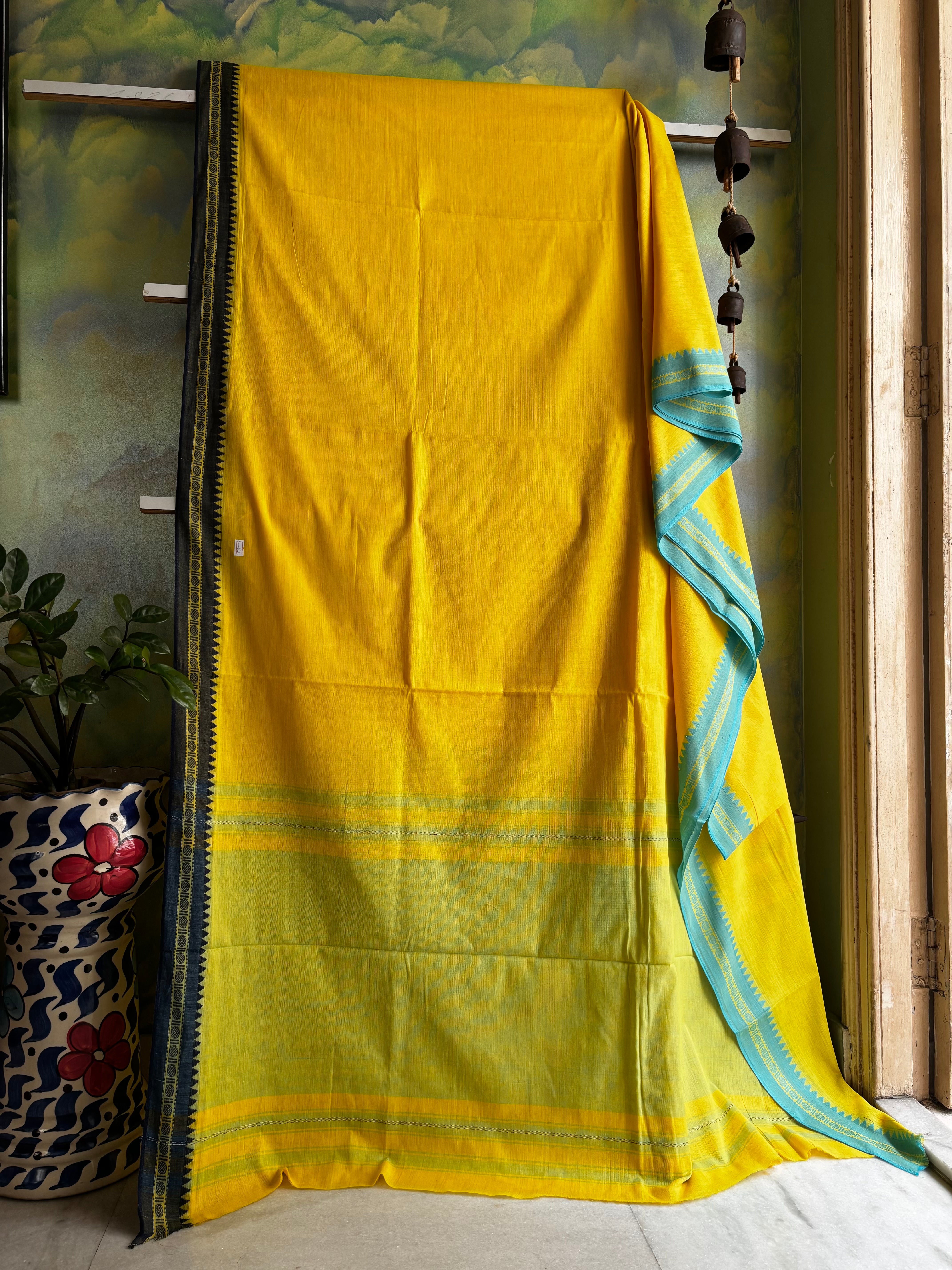 Handwoven Yellow Colour Dhonekhali Cotton Saree