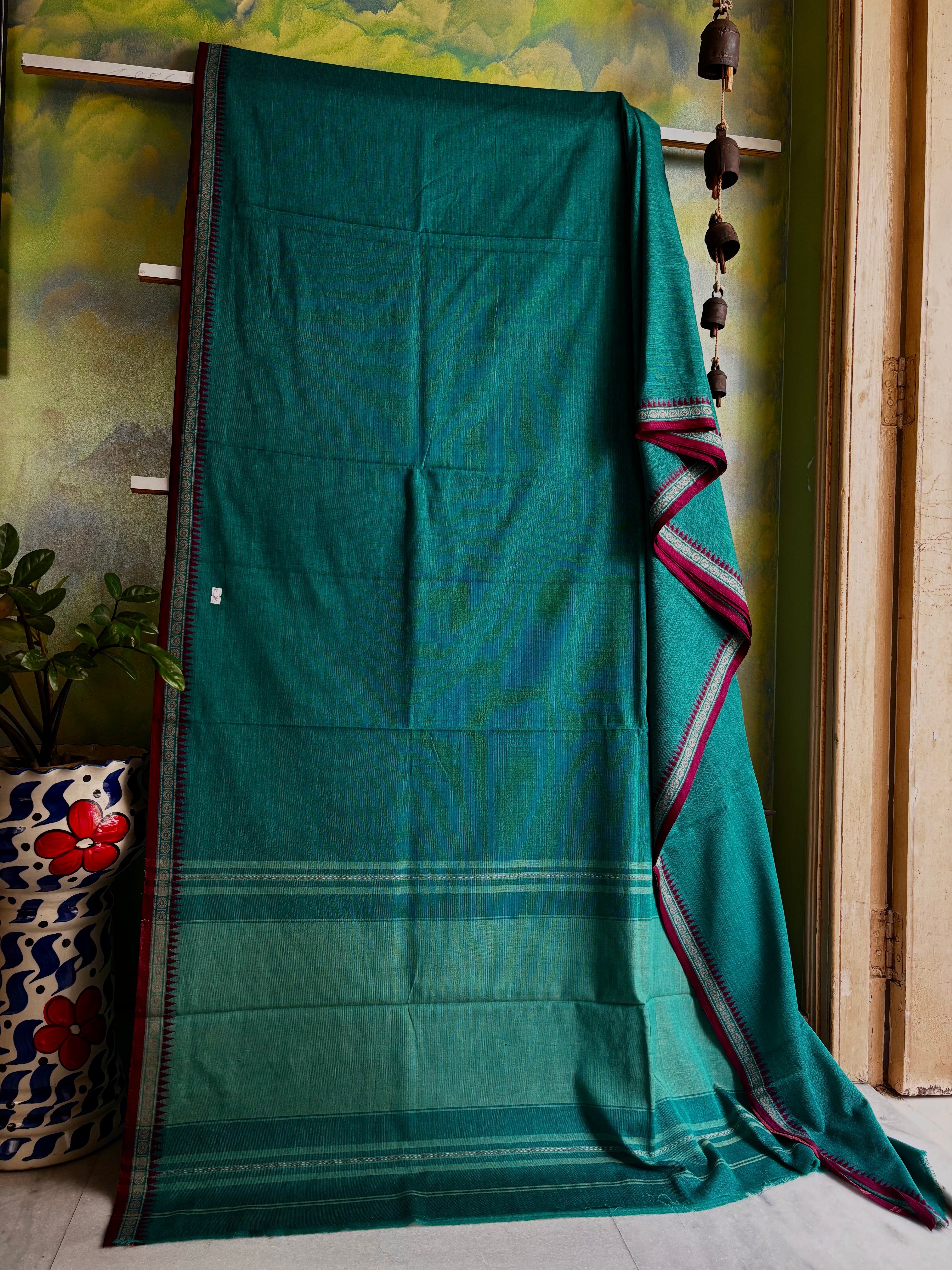 Handwoven Turquoise Green Colour Dhonekhali Cotton Saree