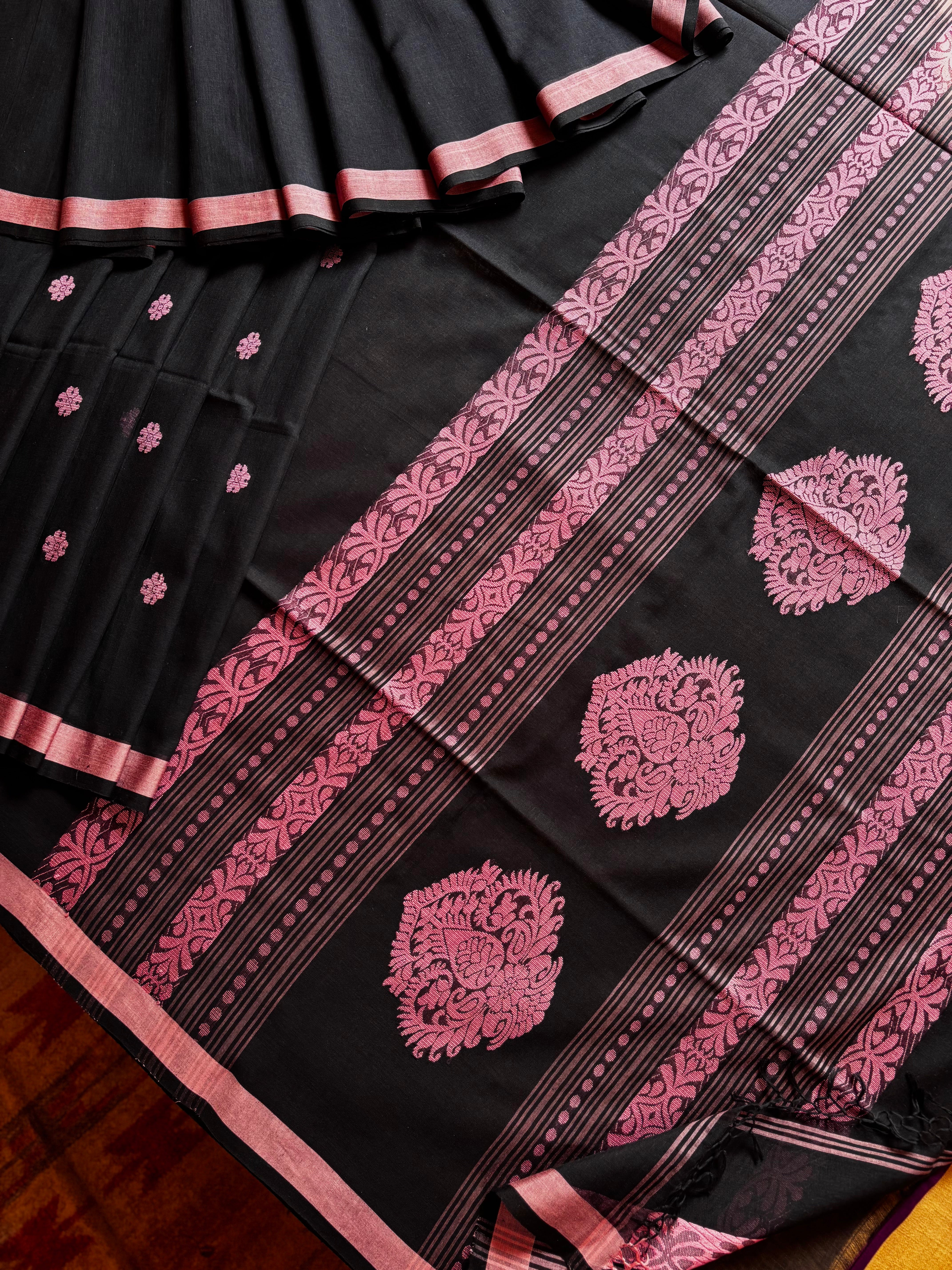 Handwoven Black Pink Cotton Jamdani Saree
