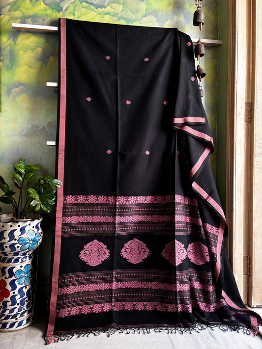 Handwoven Black Pink Cotton Jamdani Saree