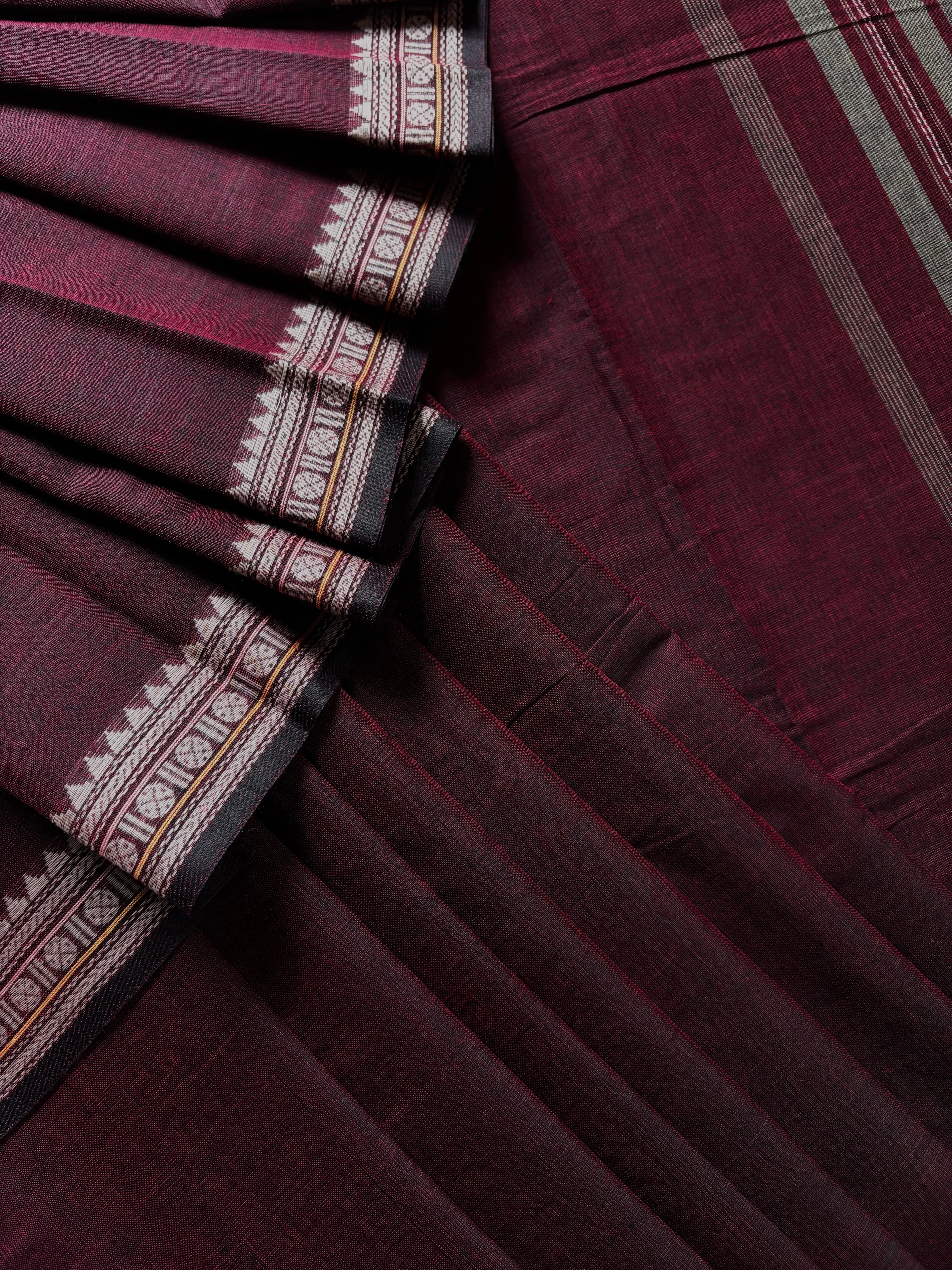 Handwoven Dark Wine Colour Cotton Dhonekhali Saree