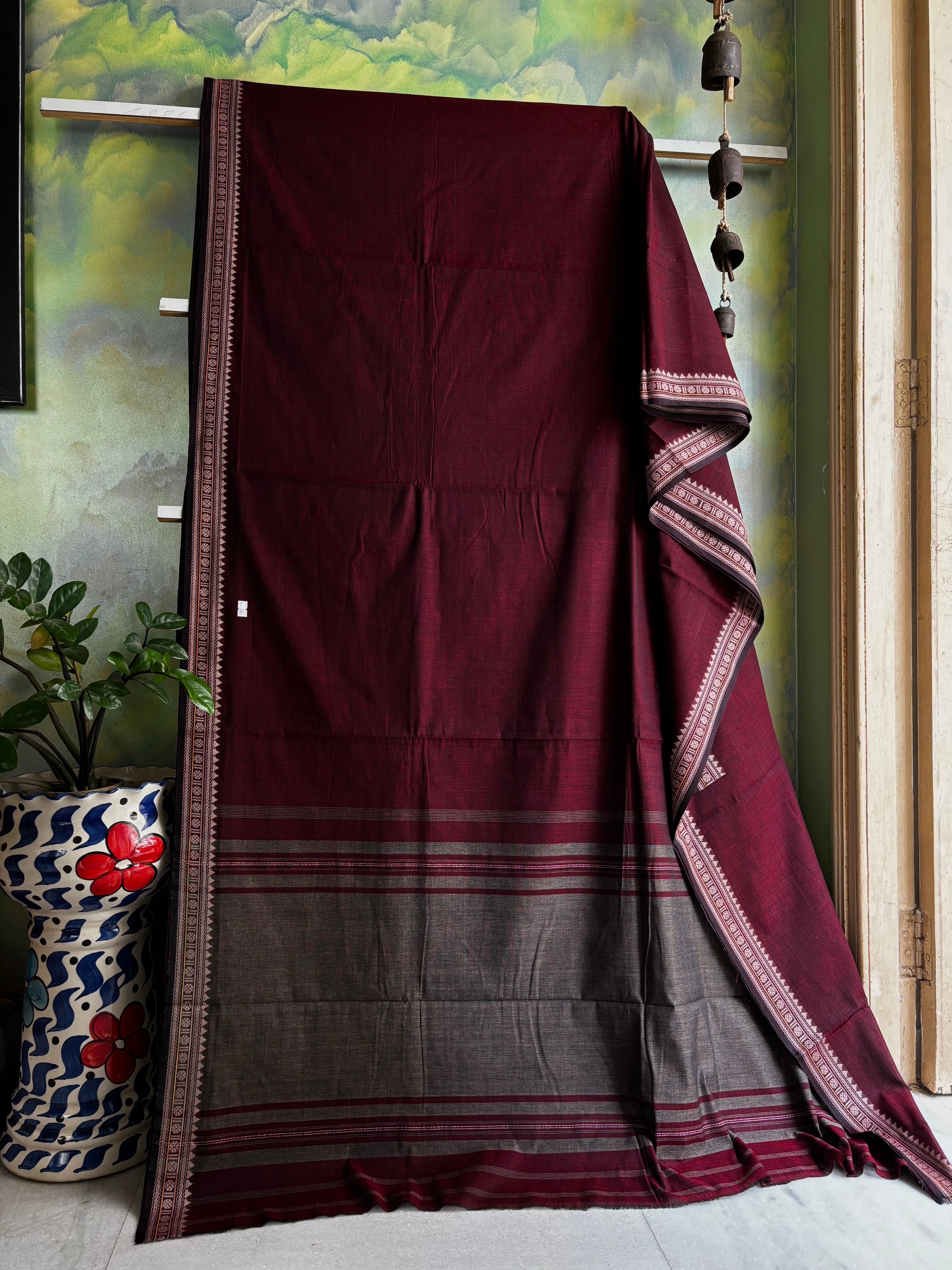 Handwoven Dark Wine Colour Cotton Dhonekhali Saree