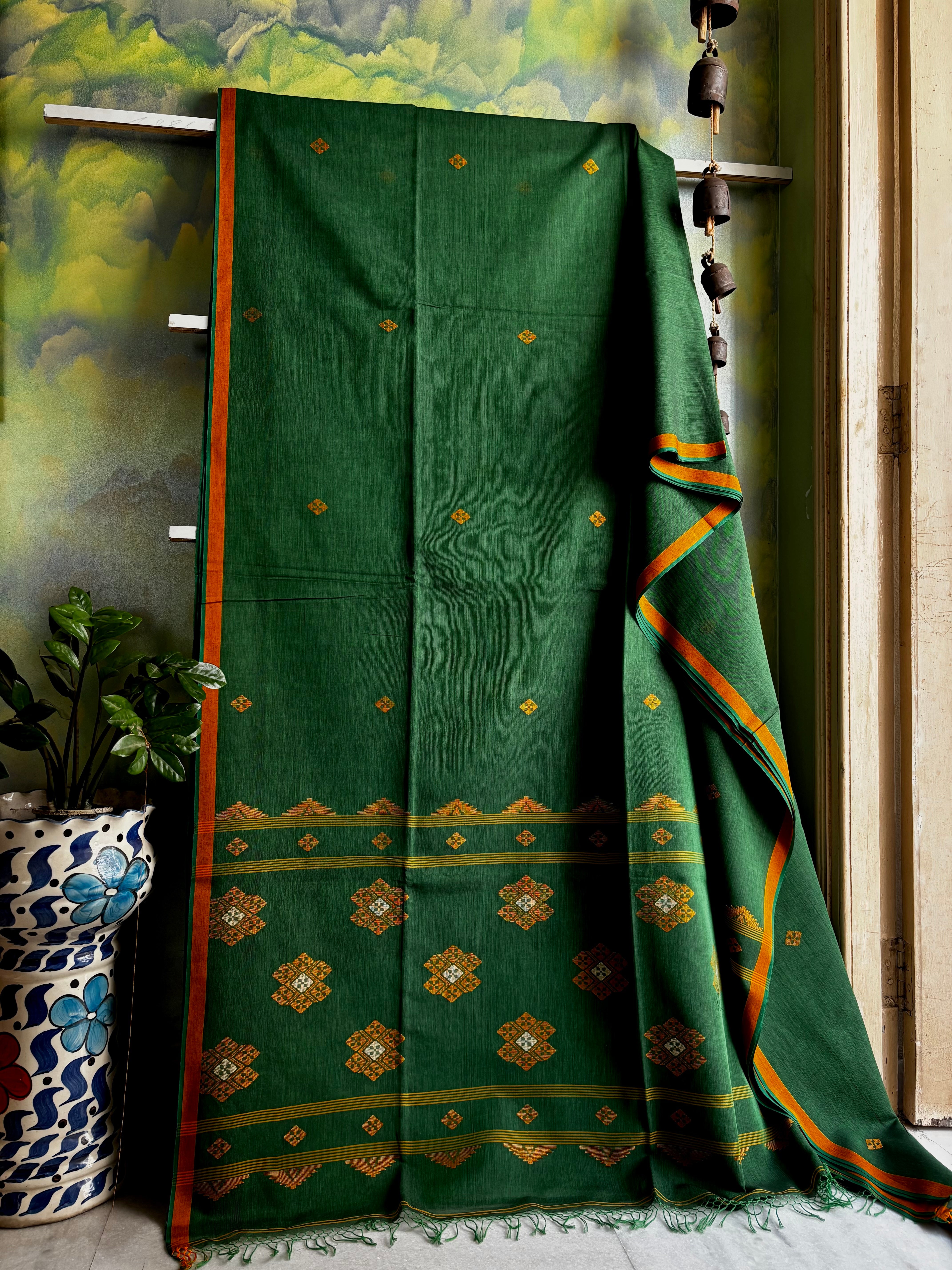 Handwoven Green Colour Cotton Jamdani Saree
