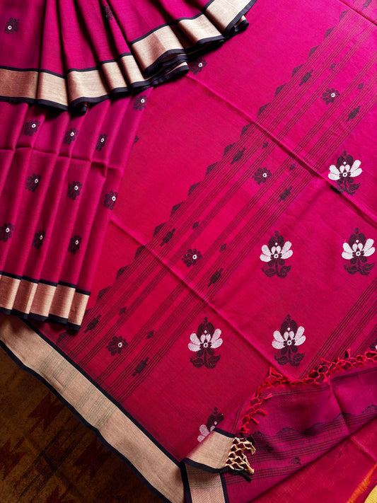 Handwoven Pink Red Dual Toned Cotton Jamdani Saree