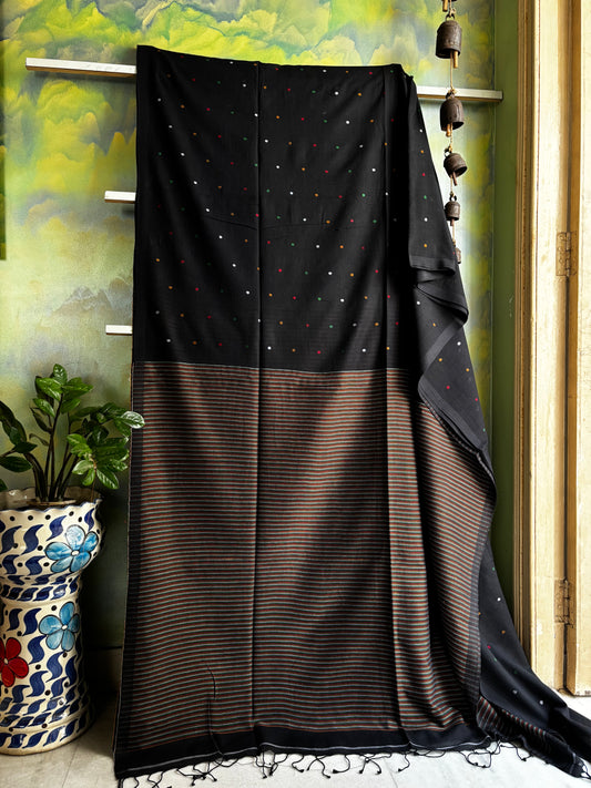 Handspun Handwoven Black Cotton Jamdani Saree