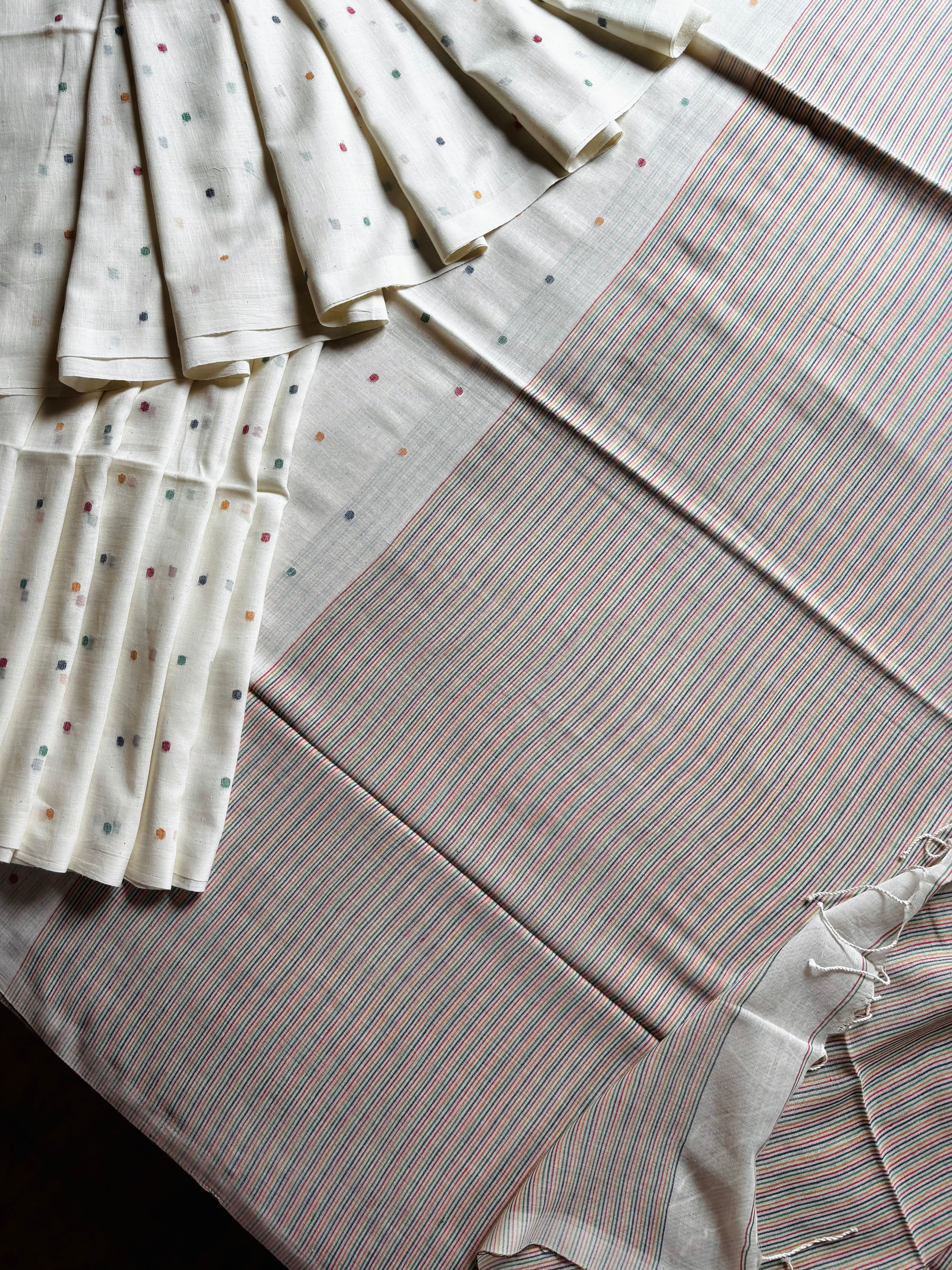Handspun Handwoven Pearl White Cotton Jamdani Saree