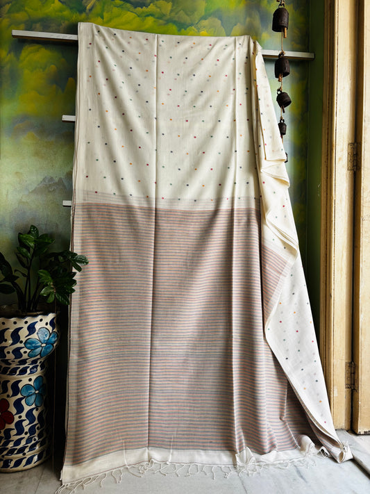 Handspun Handwoven Pearl White Cotton Jamdani Saree