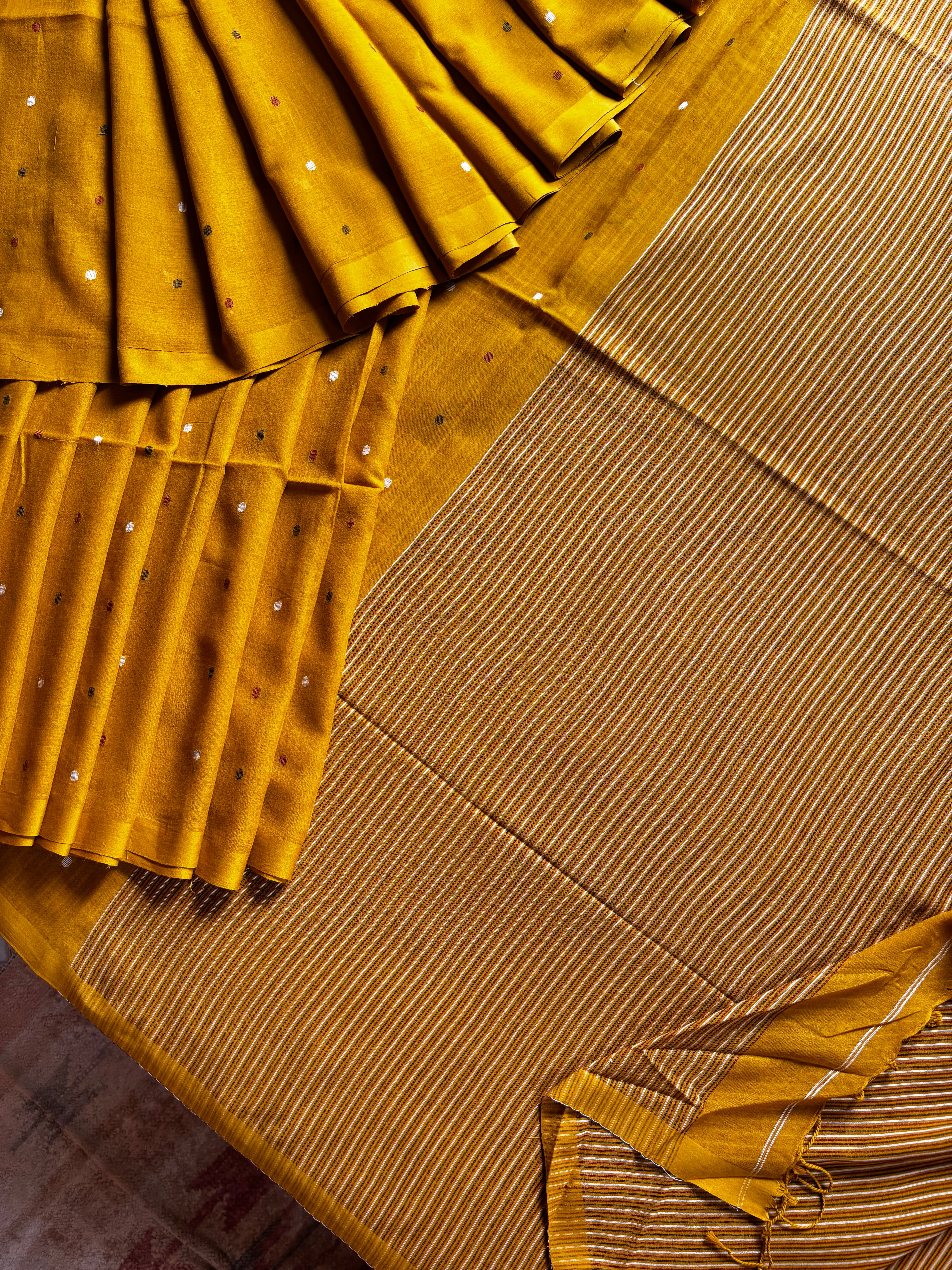 Handspun Handwoven Mustard Yellow Cotton Jamdani Saree