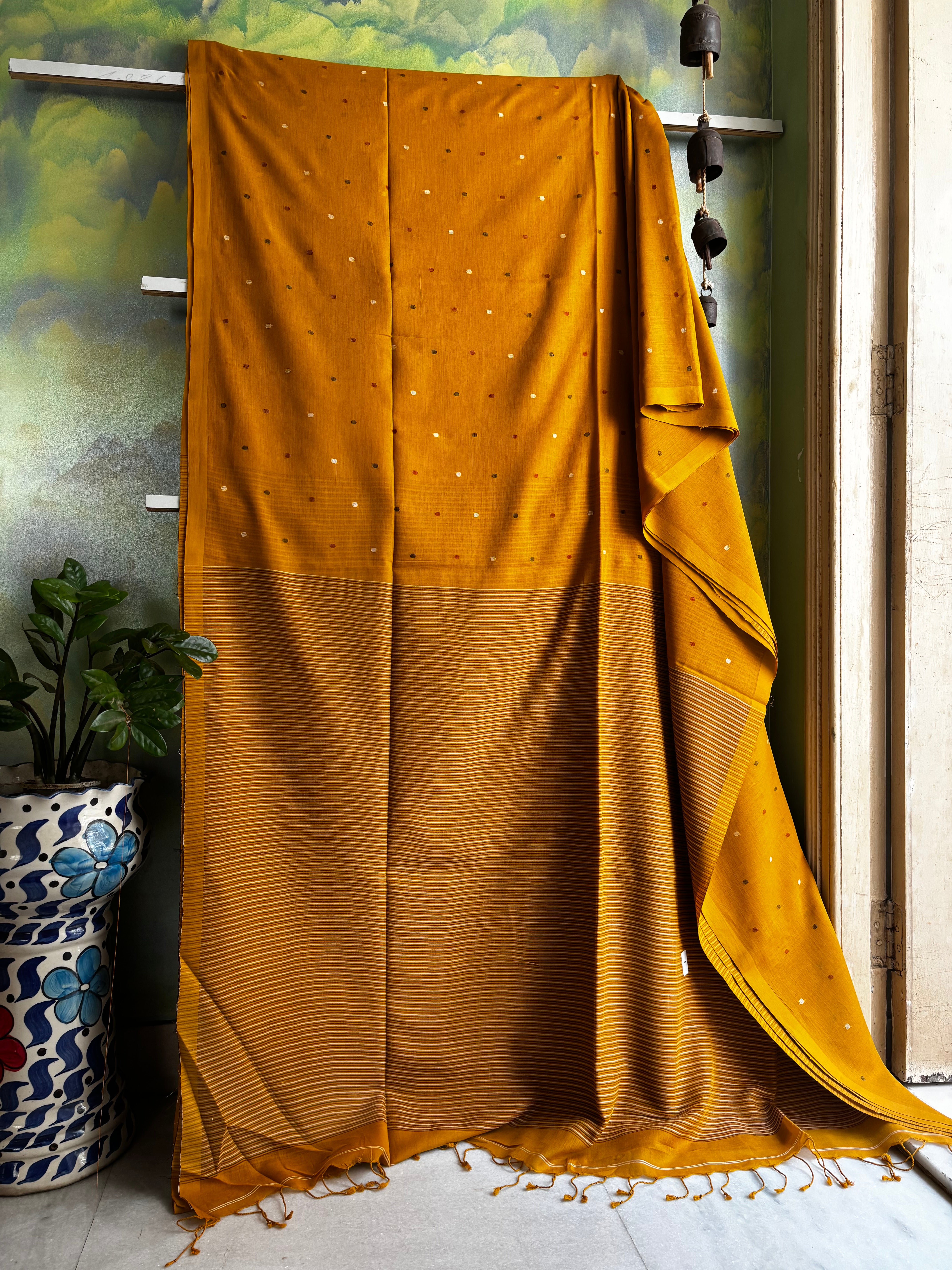 Handspun Handwoven Mustard Yellow Cotton Jamdani Saree