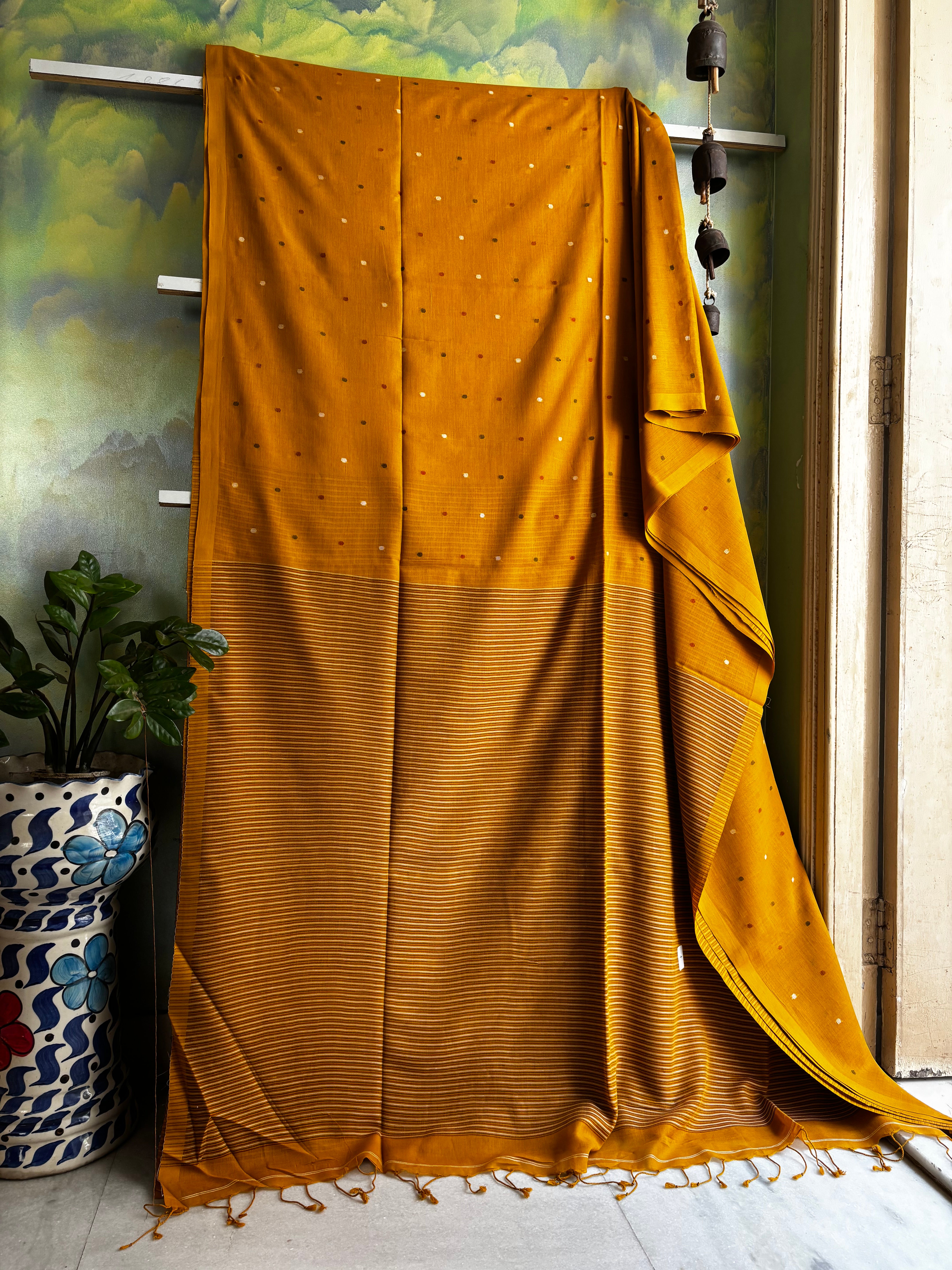Handspun Handwoven Mustard Yellow Cotton Jamdani Saree