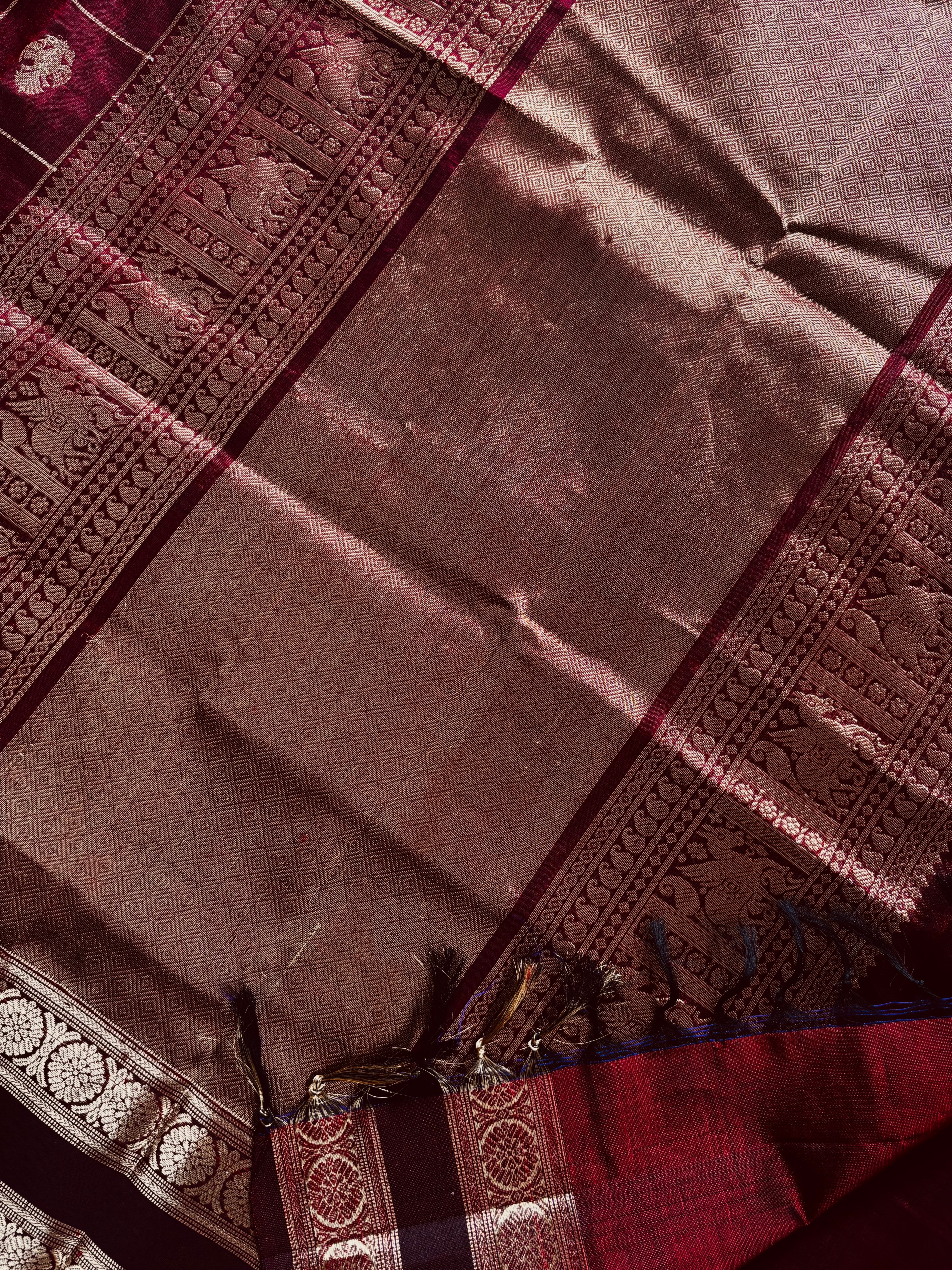 Handwoven Dark Maroon Colour Kanchipuram Silk Cotton Saree