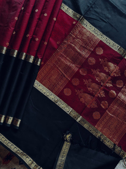 Handwoven Dark Maroon Black Kanchipuram Silk Cotton Saree