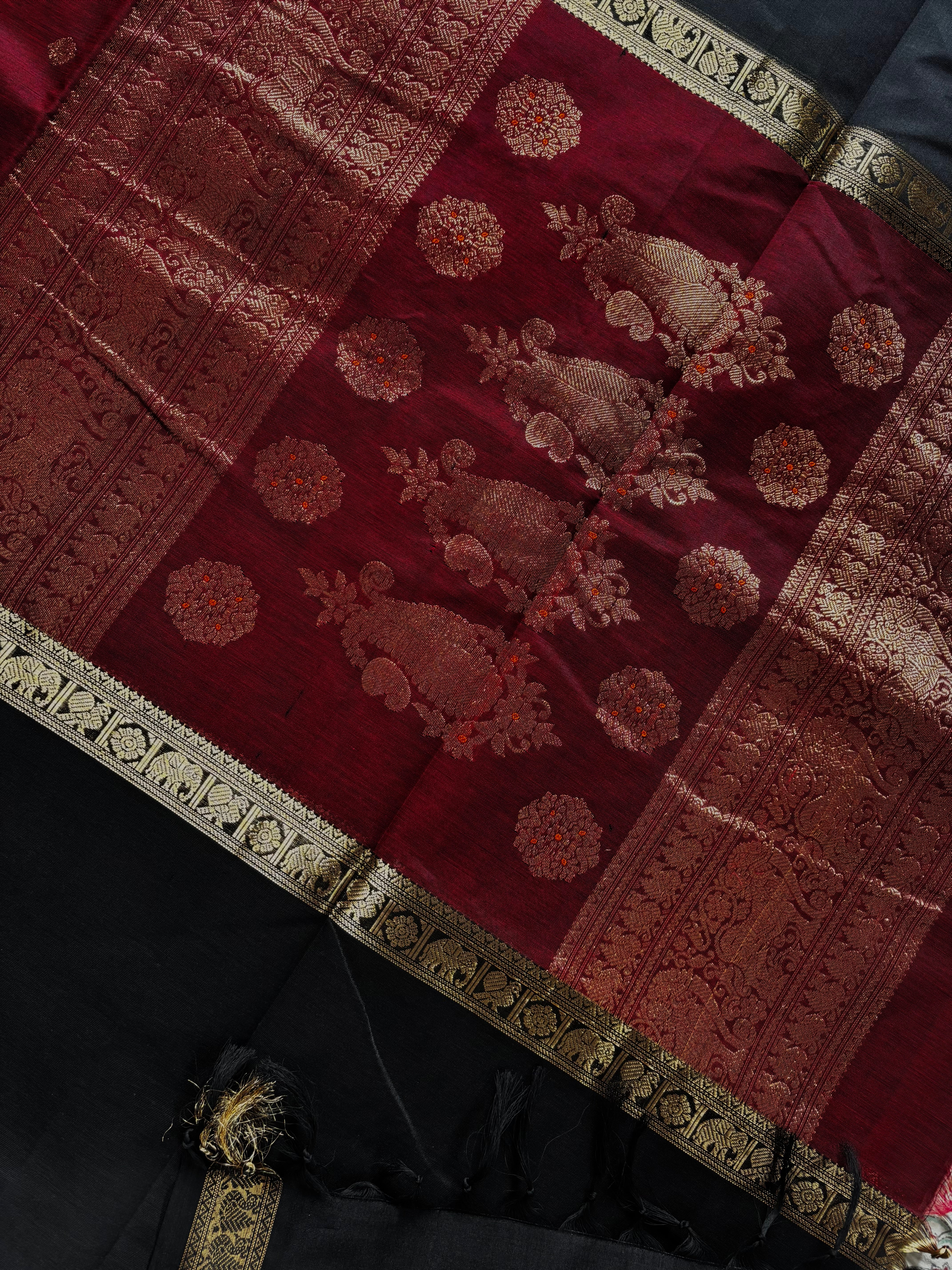 Handwoven Dark Maroon Black Kanchipuram Silk Cotton Saree