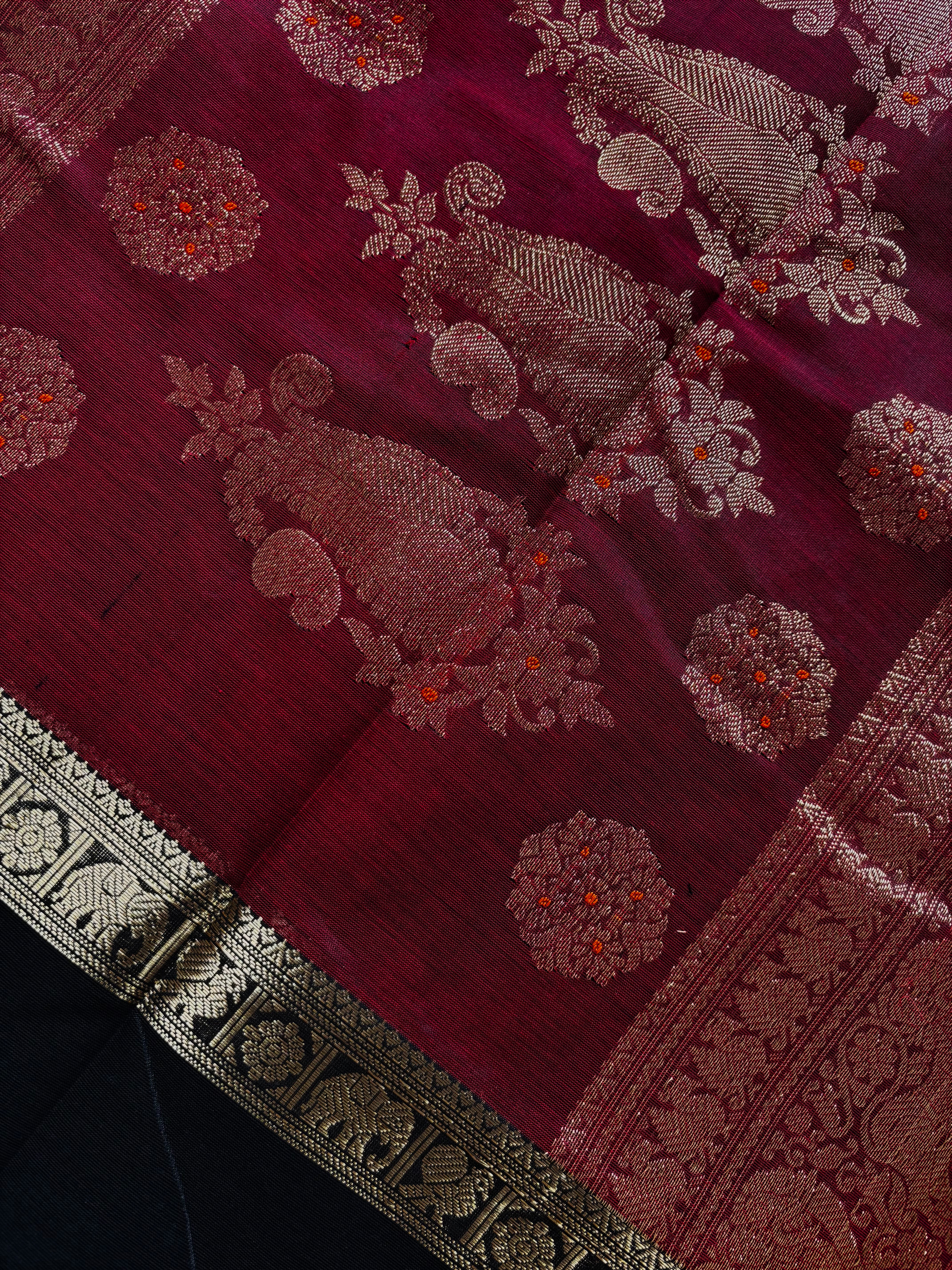 Handwoven Dark Maroon Black Kanchipuram Silk Cotton Saree