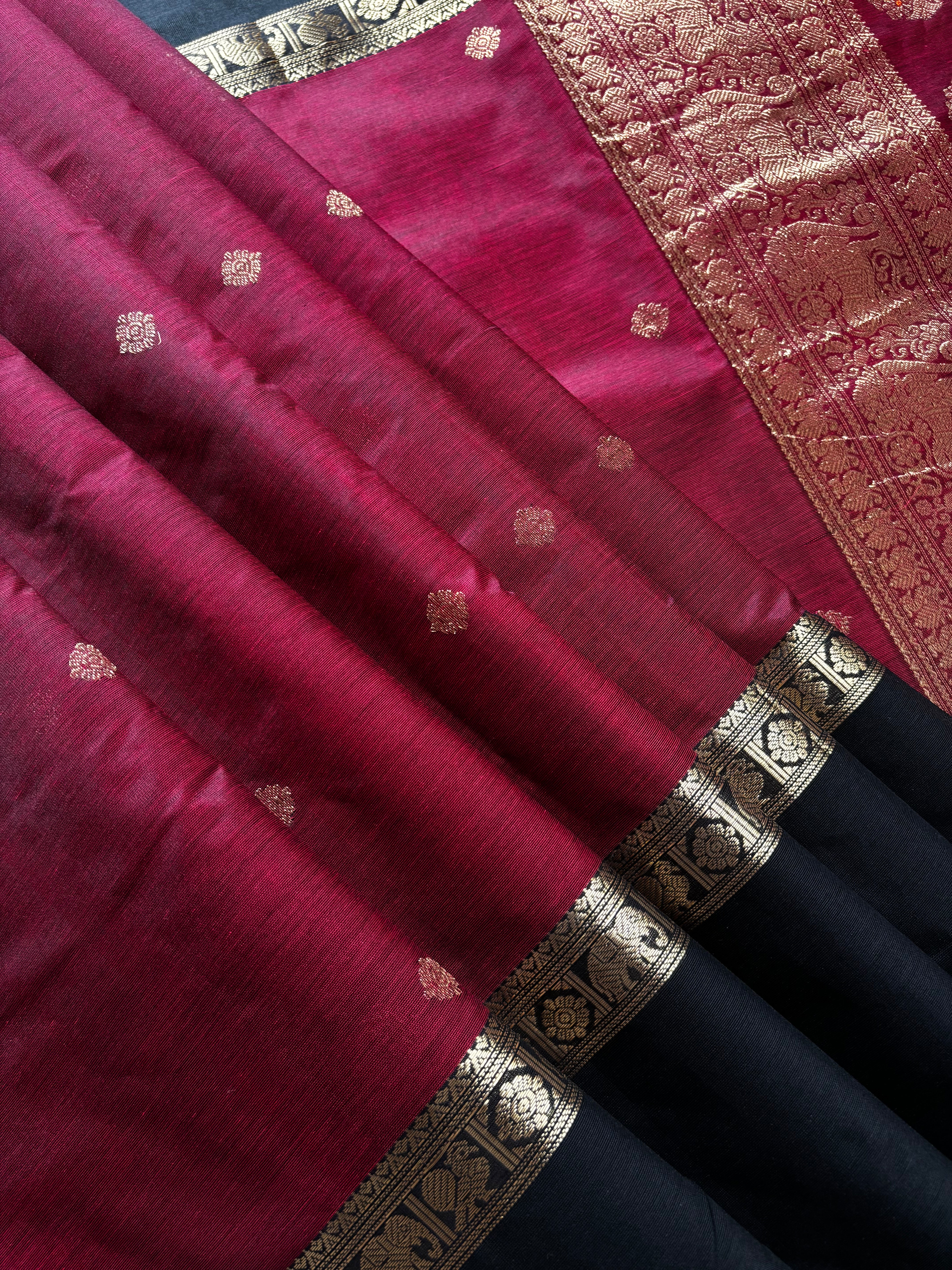 Handwoven Dark Maroon Black Kanchipuram Silk Cotton Saree