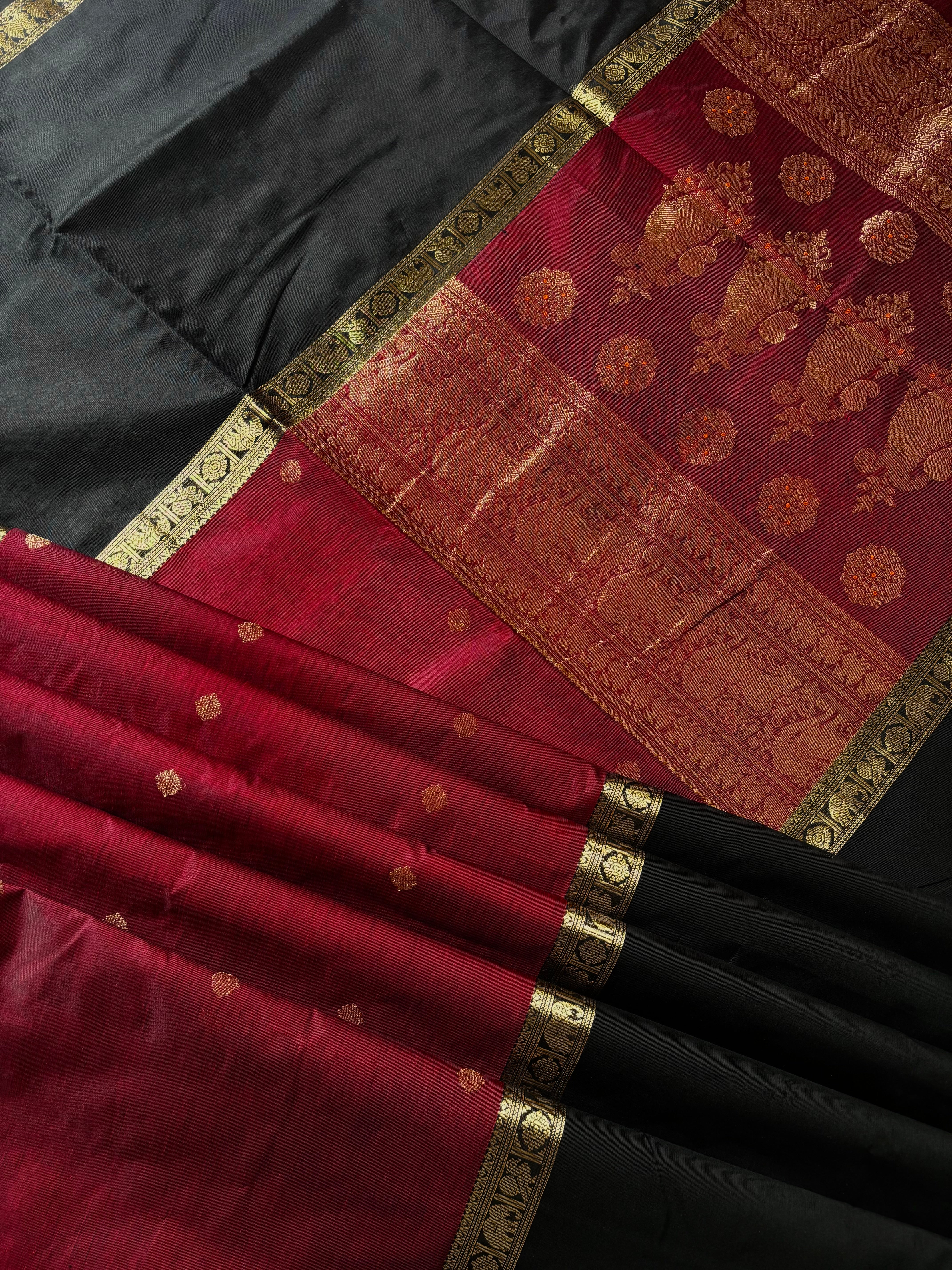 Handwoven Dark Maroon Black Kanchipuram Silk Cotton Saree
