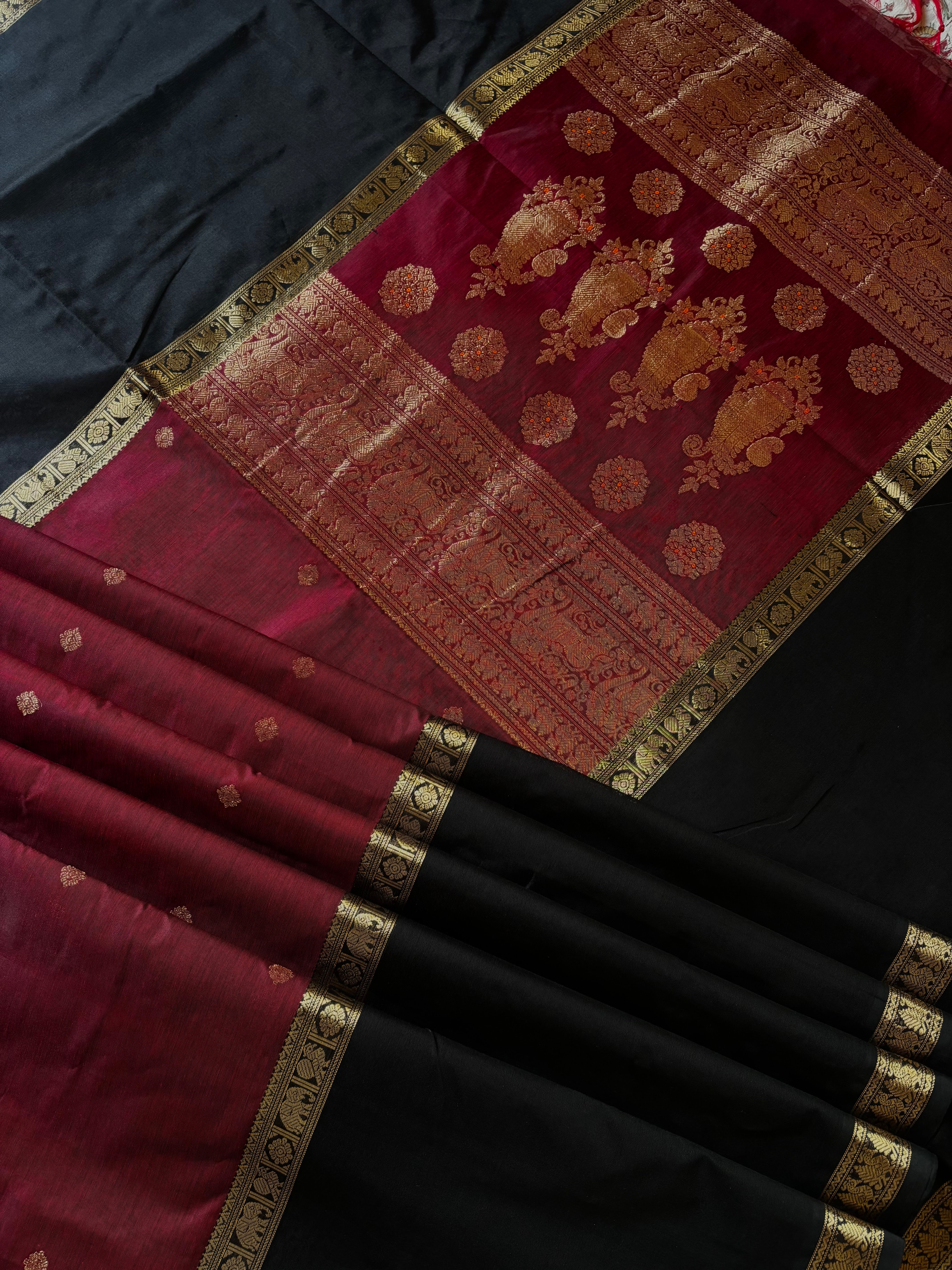 Handwoven Dark Maroon Black Kanchipuram Silk Cotton Saree