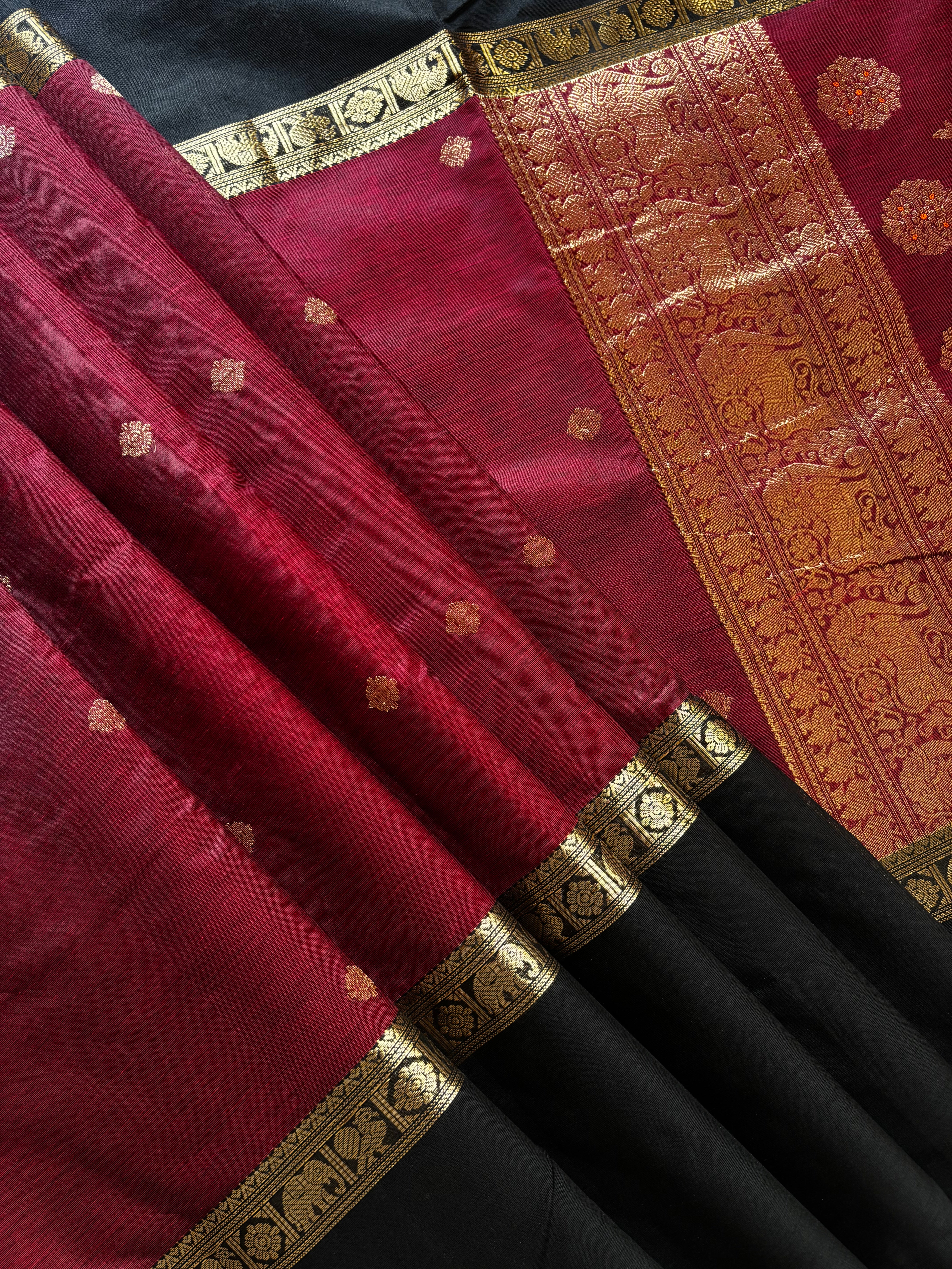 Handwoven Dark Maroon Black Kanchipuram Silk Cotton Saree