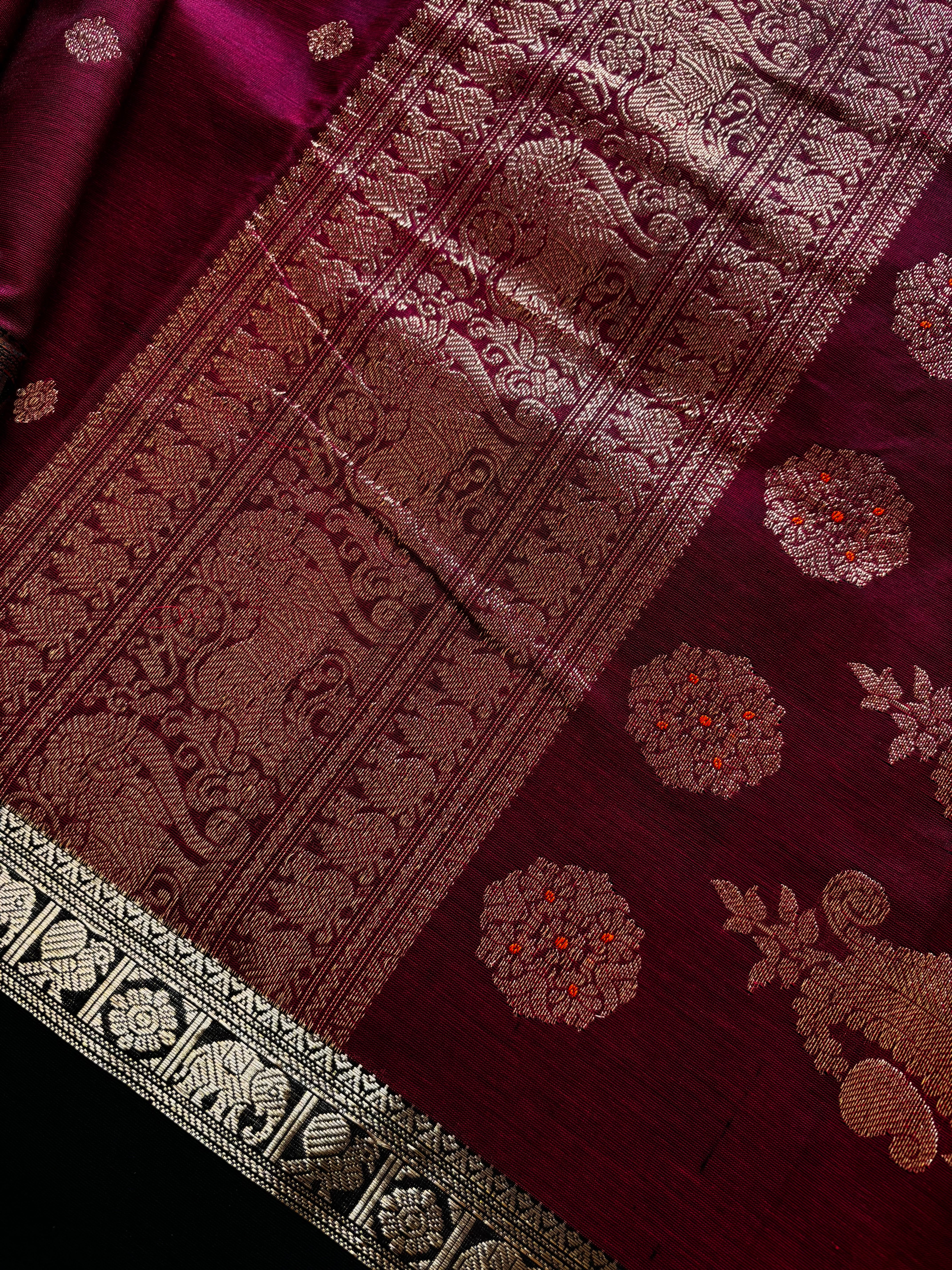 Handwoven Dark Maroon Black Kanchipuram Silk Cotton Saree
