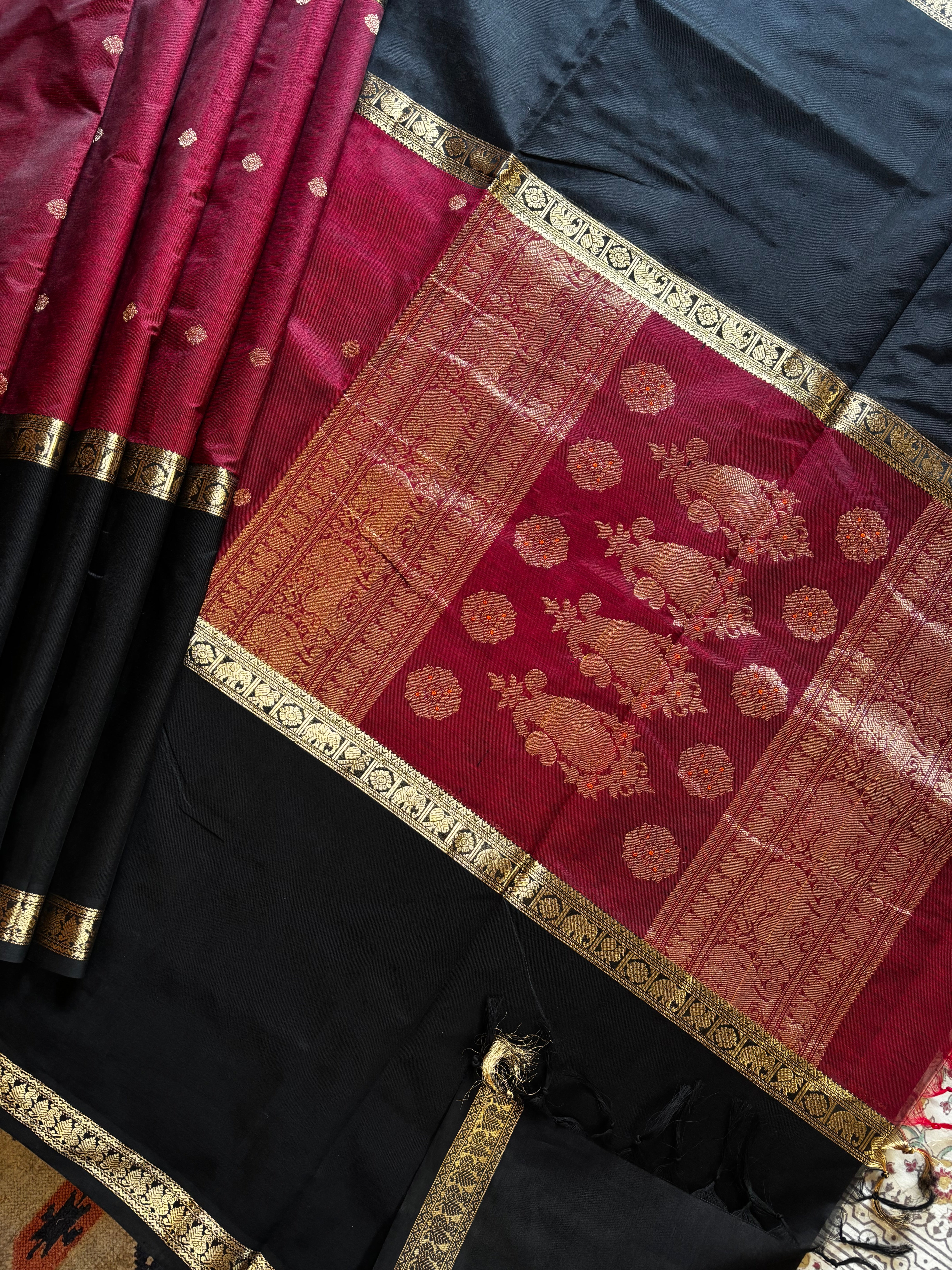 Handwoven Dark Maroon Black Kanchipuram Silk Cotton Saree