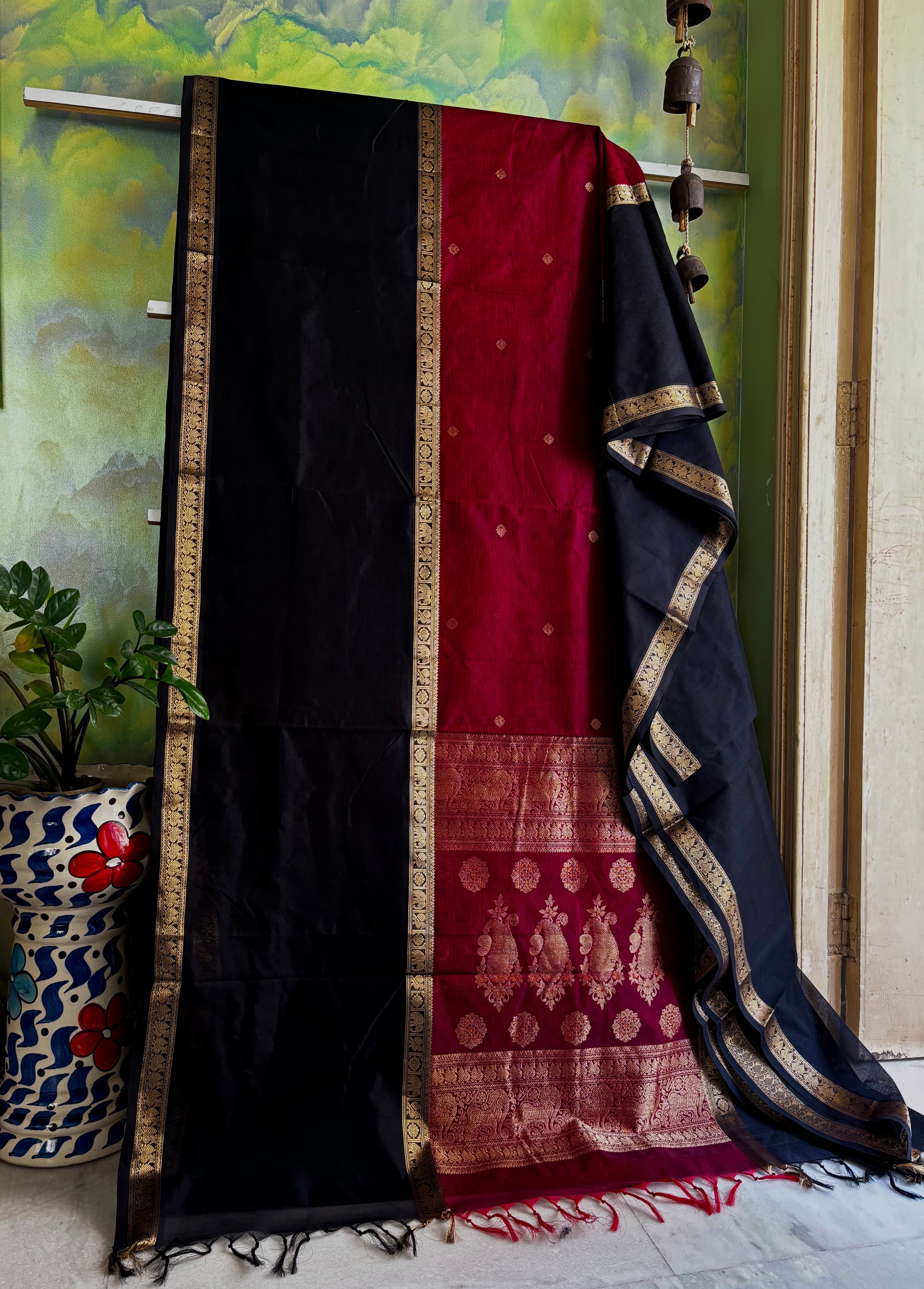 Handwoven Dark Maroon Black Kanchipuram Silk Cotton Saree
