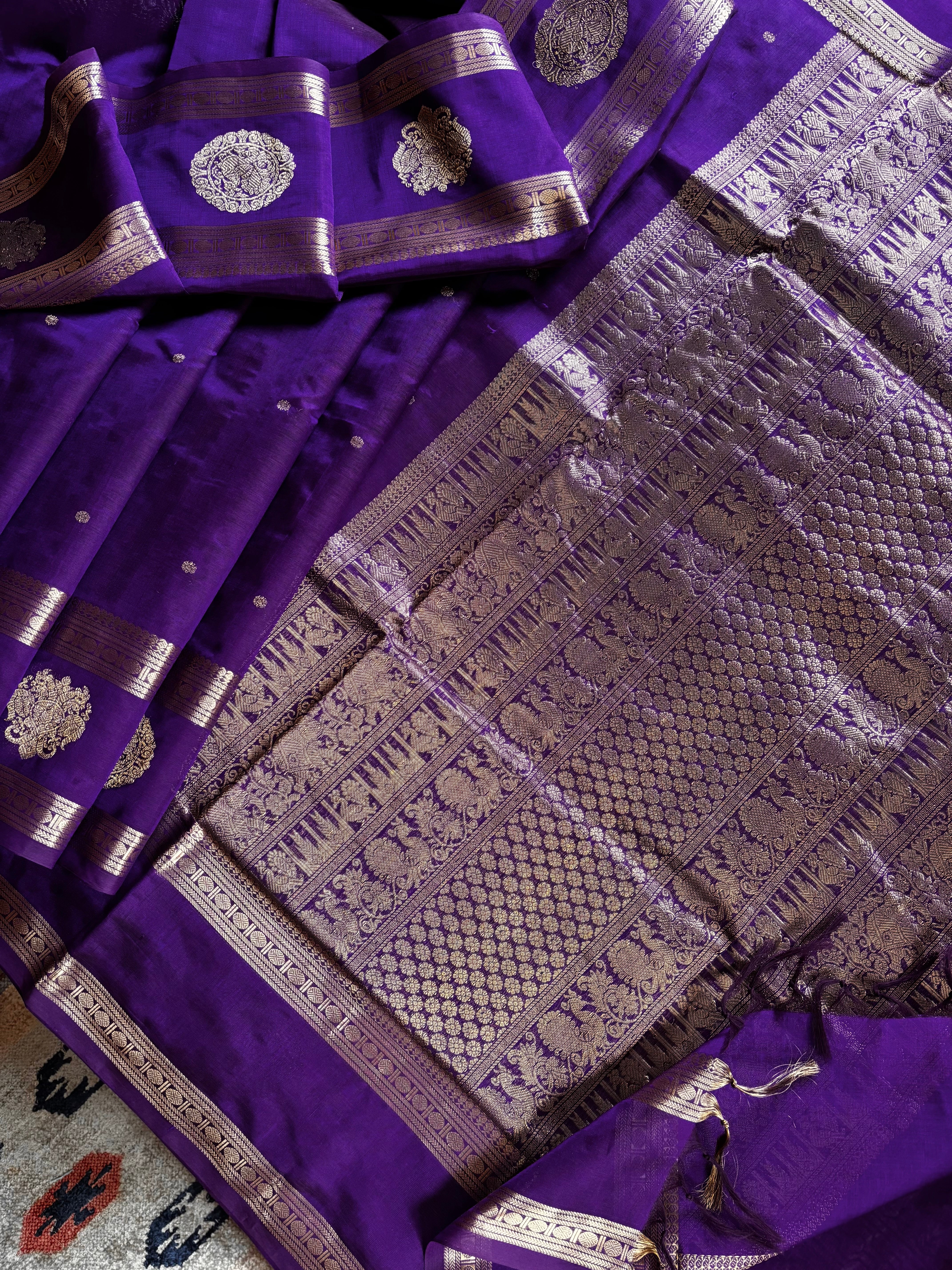 Handwoven Purple Colour Kanchipuram Silk Cotton Saree