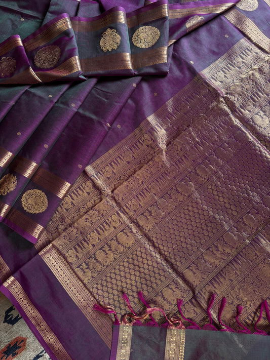 Handwoven Green Pink Dual Toned Kanchipuram Silk Cotton Saree
