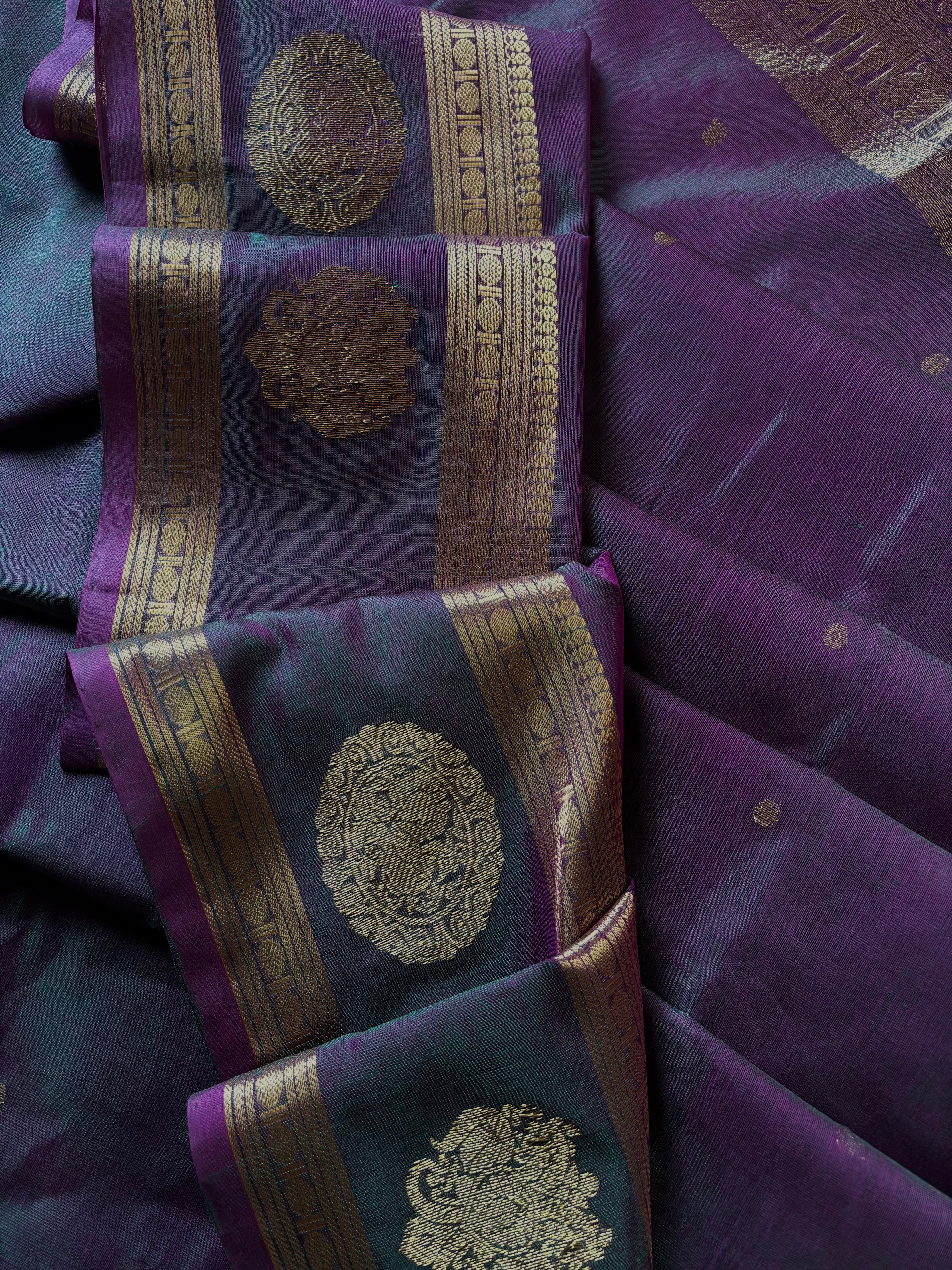Handwoven Green Pink Dual Toned Kanchipuram Silk Cotton Saree