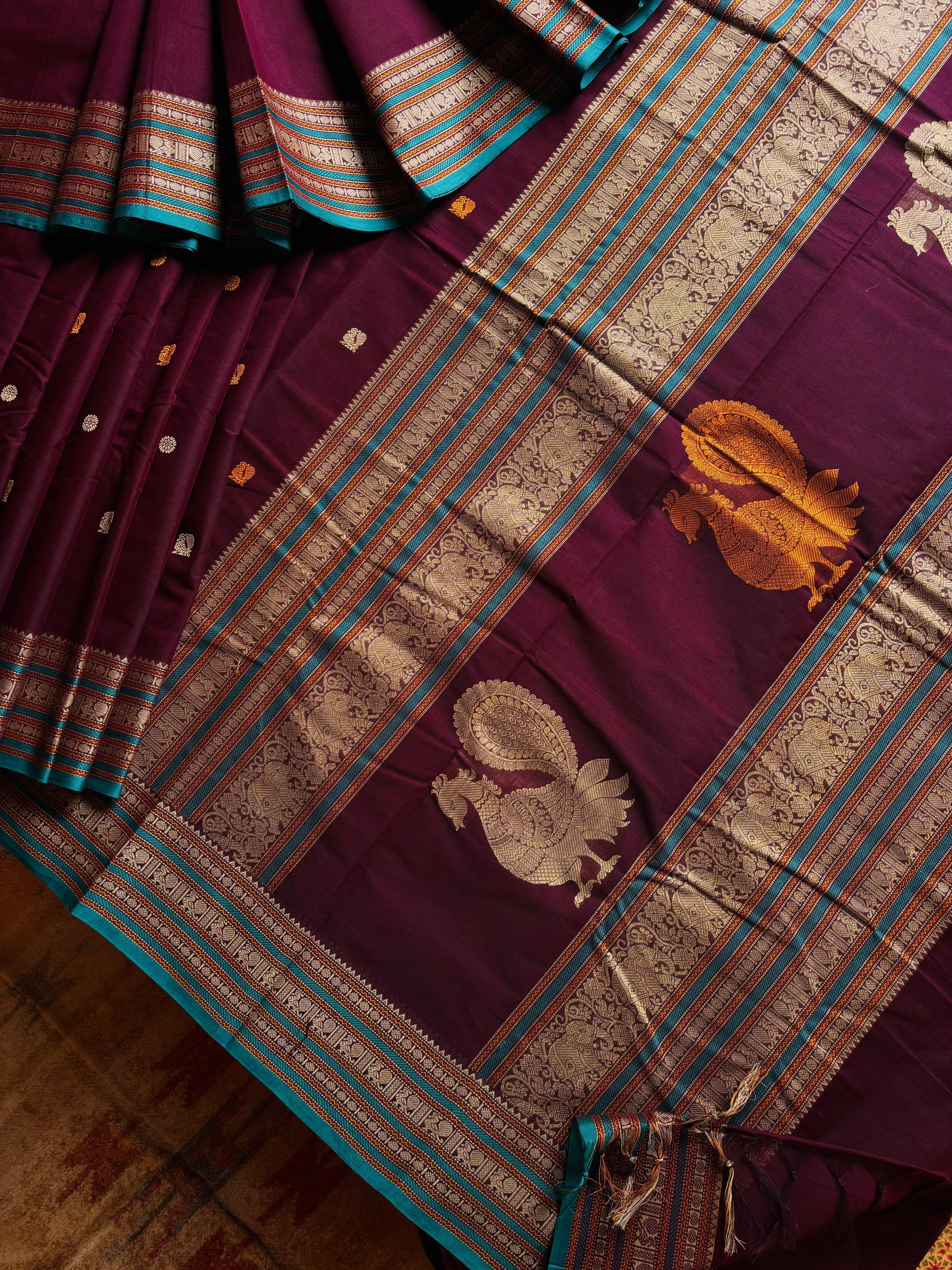 Handwoven Burgundy Colour Cotton Kanchipuram Saree