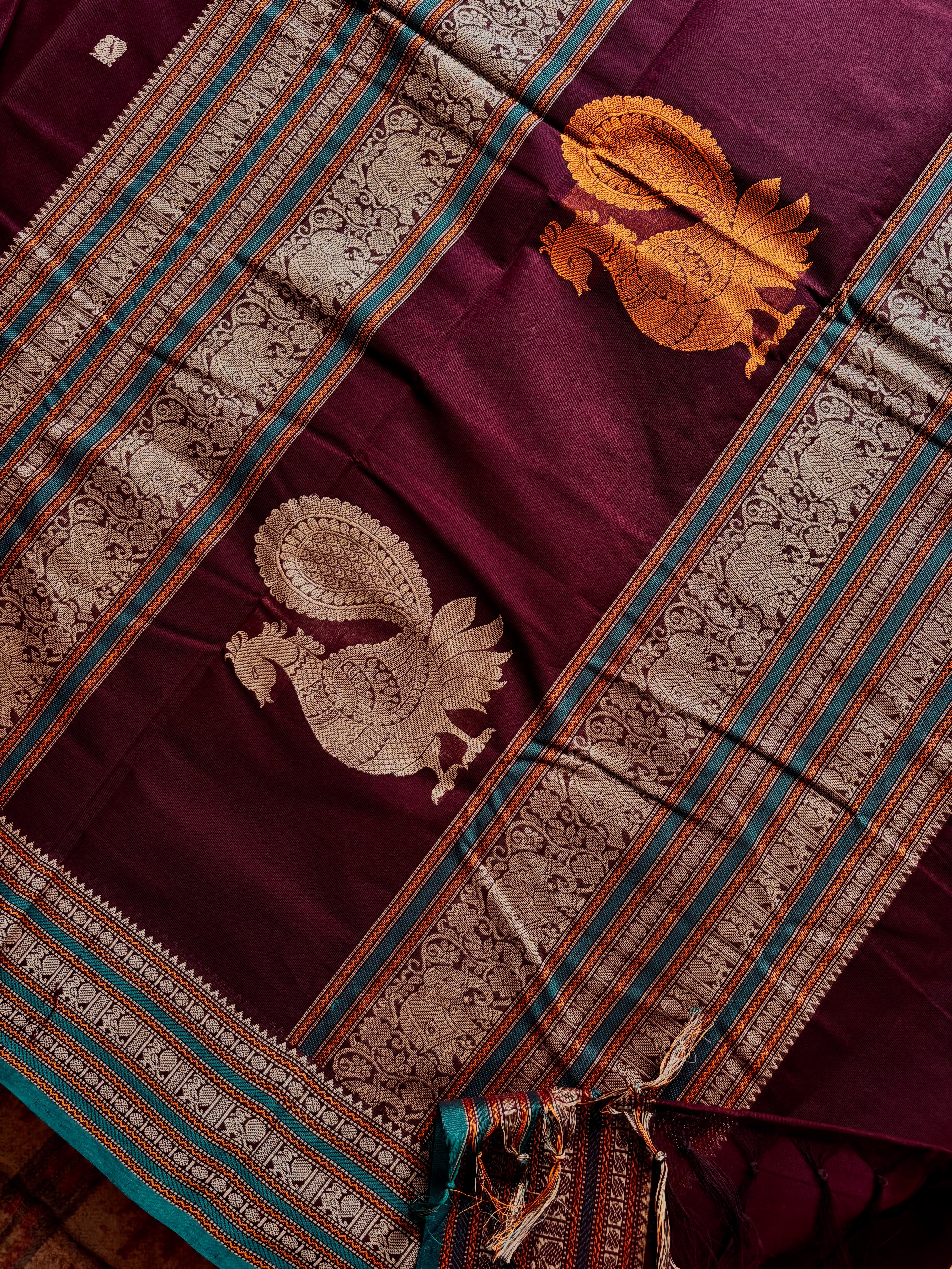 Handwoven Burgundy Colour Cotton Kanchipuram Saree