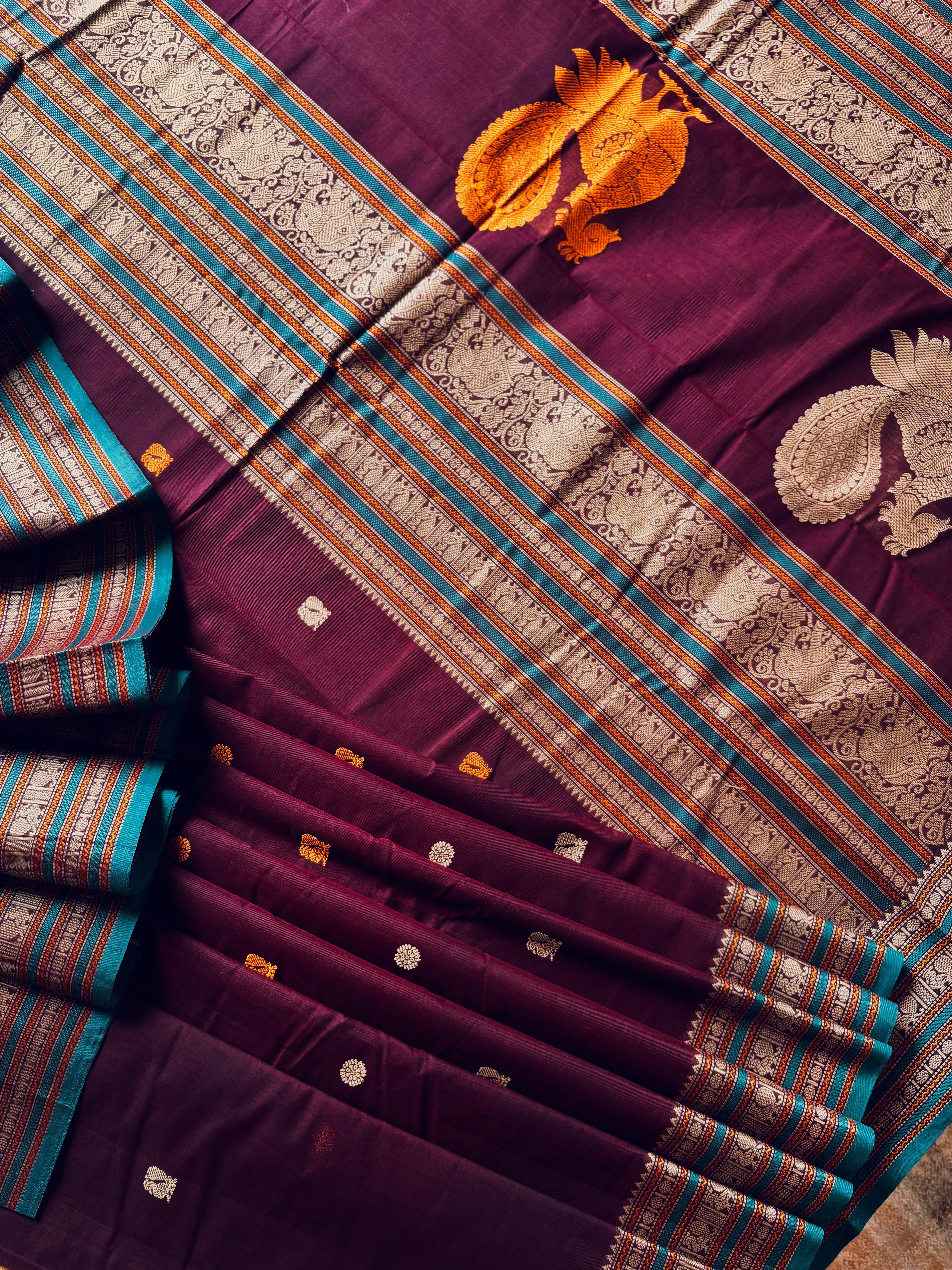 Handwoven Burgundy Colour Cotton Kanchipuram Saree