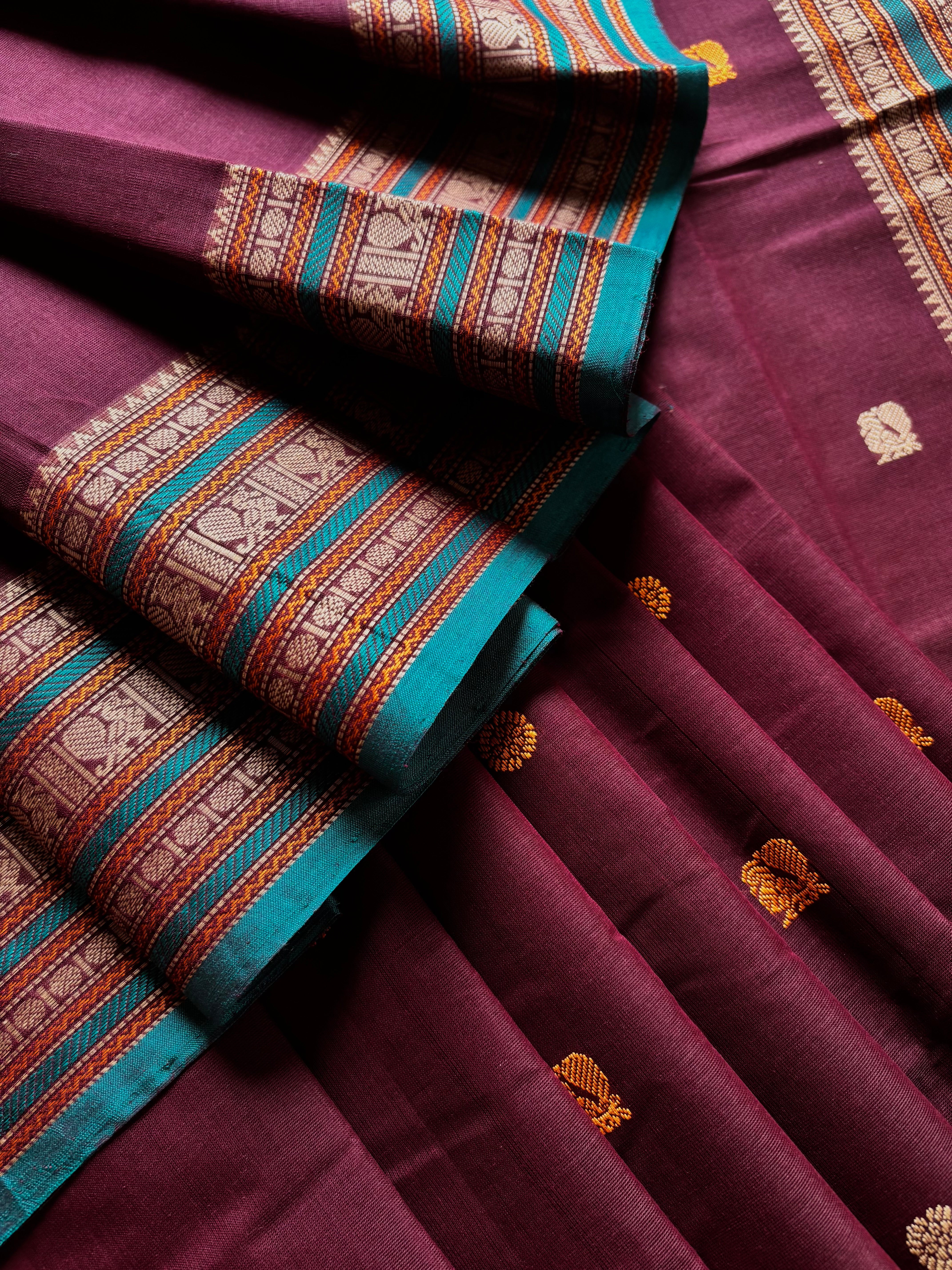 Handwoven Burgundy Colour Cotton Kanchipuram Saree