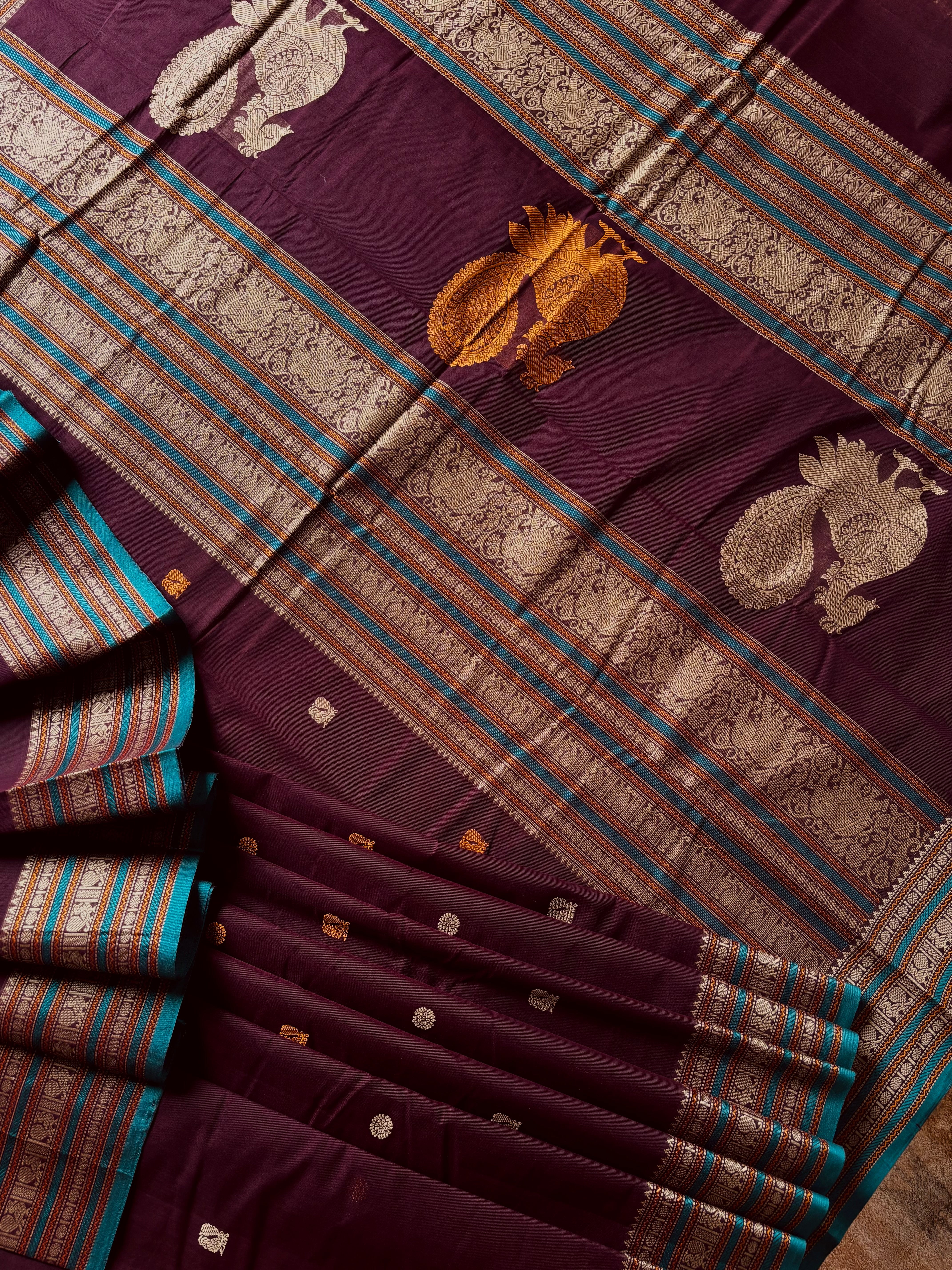 Handwoven Burgundy Colour Cotton Kanchipuram Saree