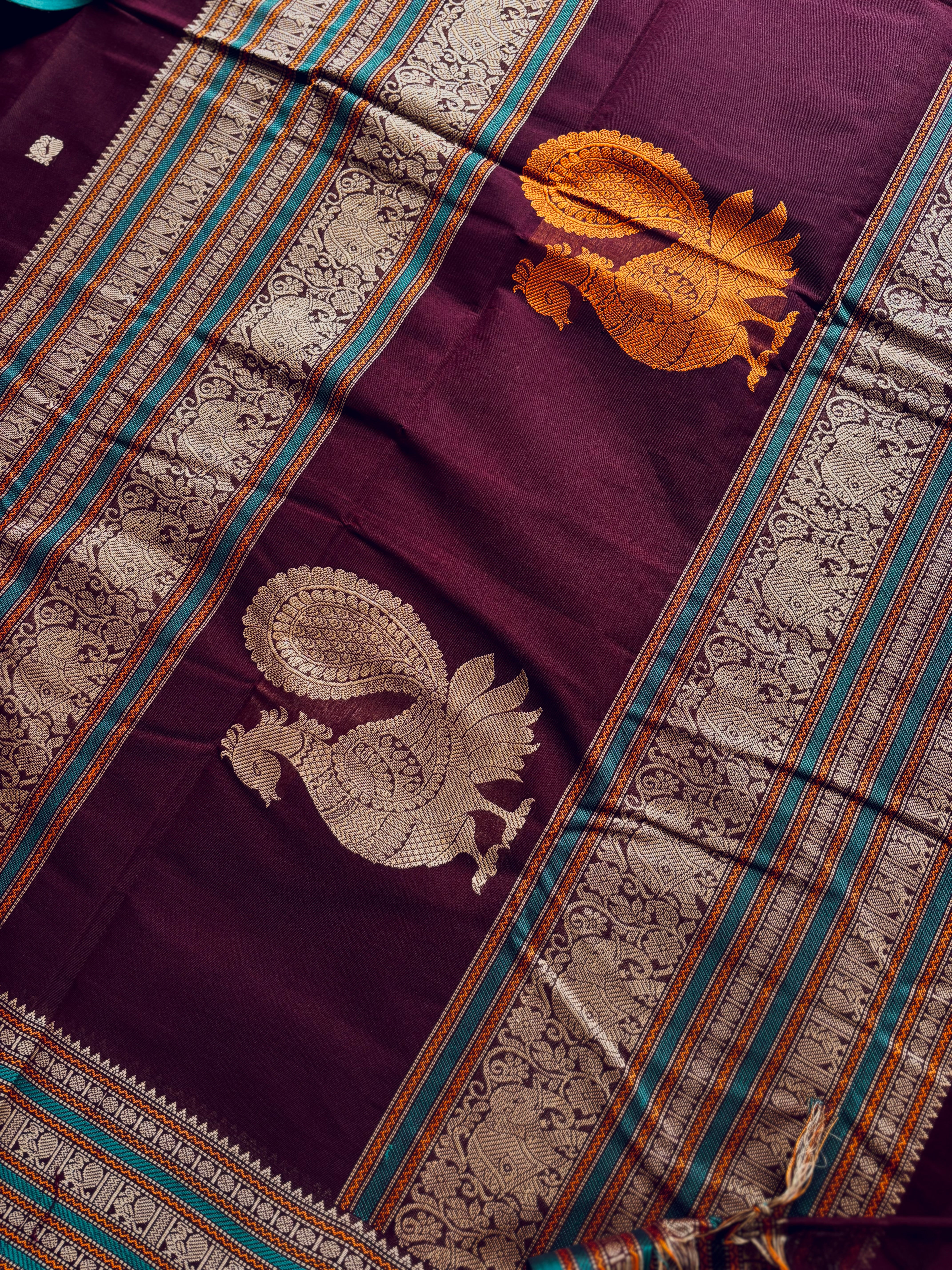 Handwoven Burgundy Colour Cotton Kanchipuram Saree