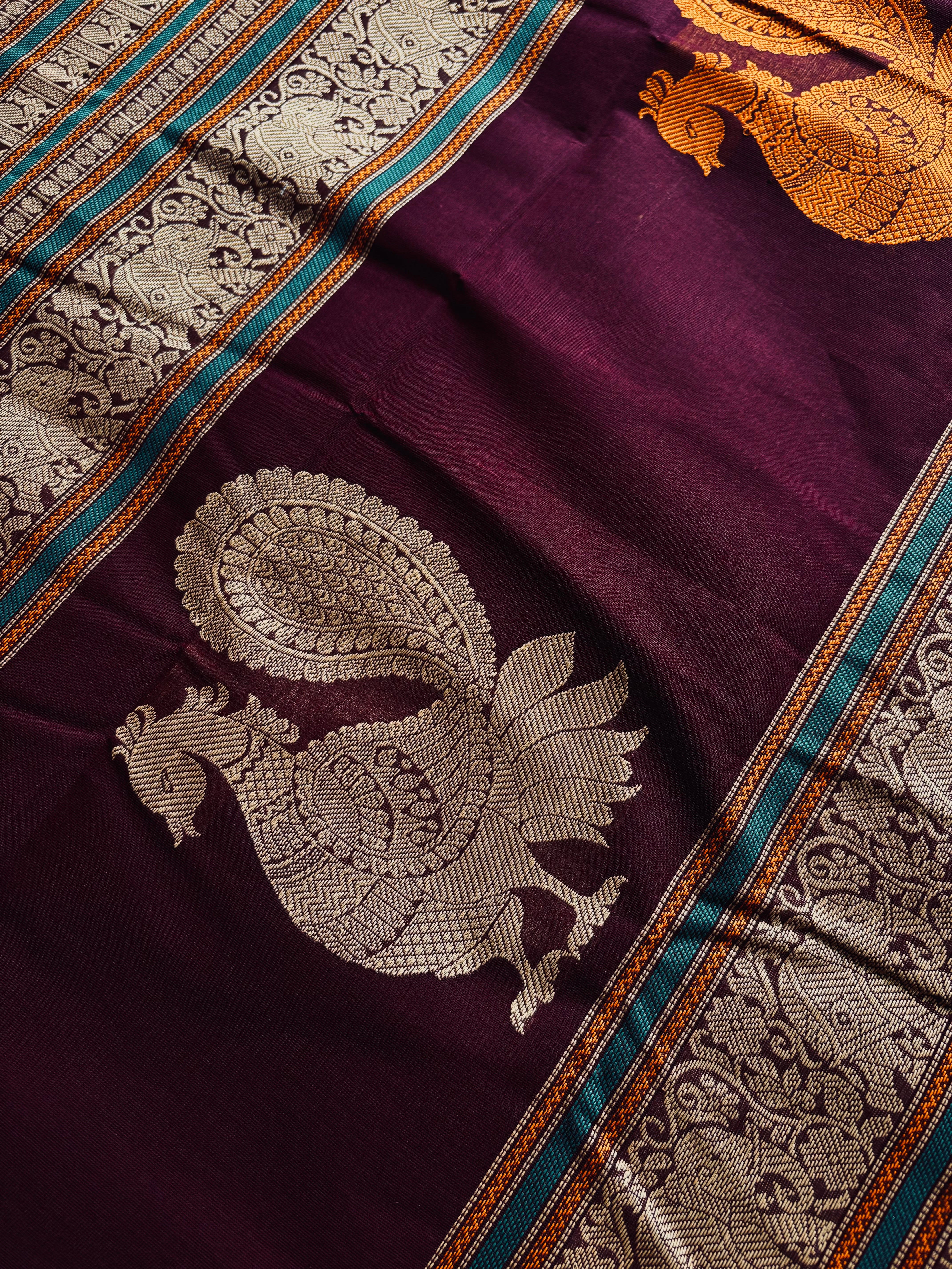 Handwoven Burgundy Colour Cotton Kanchipuram Saree