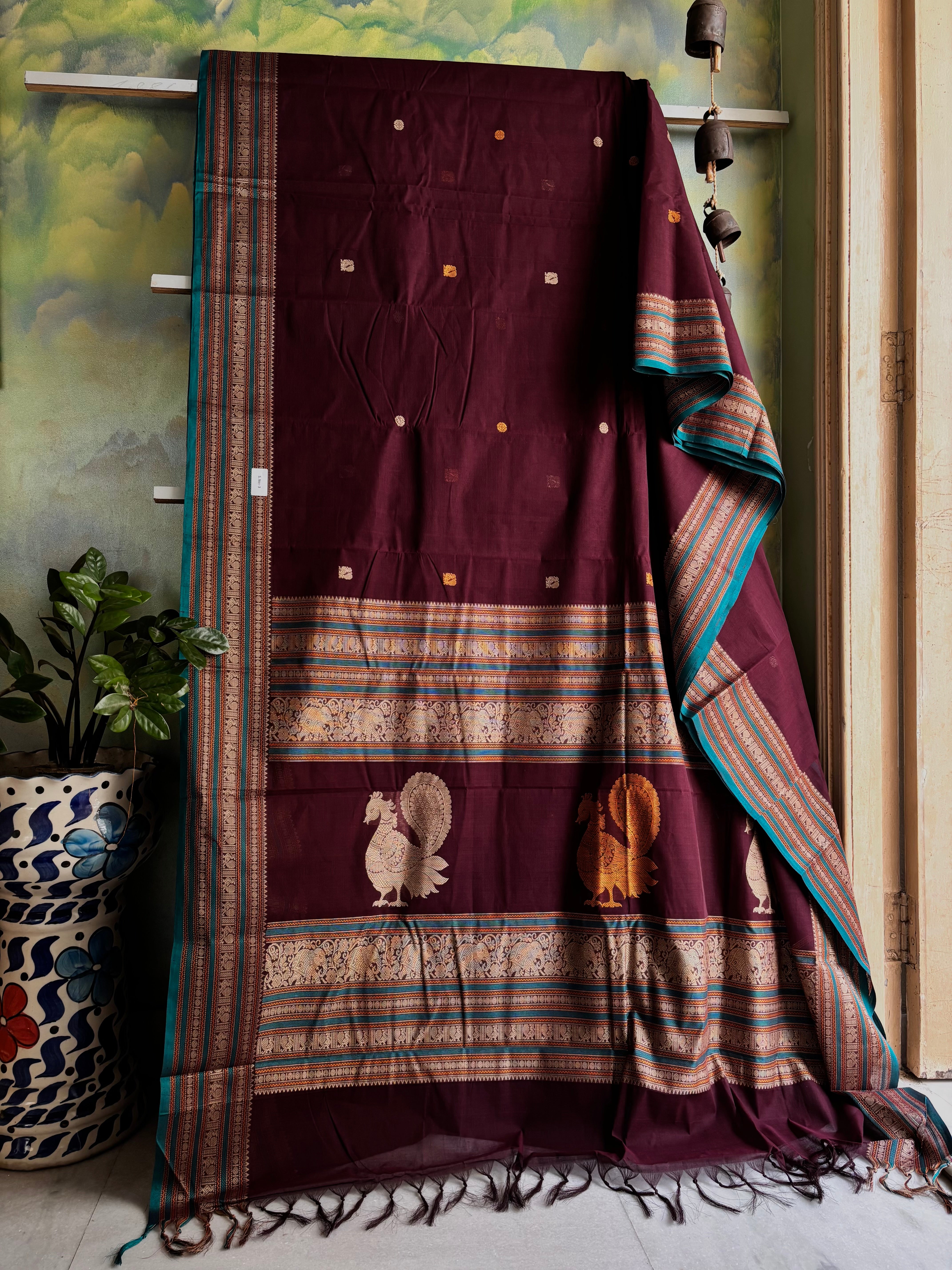 Handwoven Burgundy Colour Cotton Kanchipuram Saree