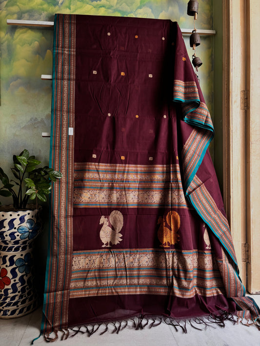 Handwoven Burgundy Colour Cotton Kanchipuram Saree