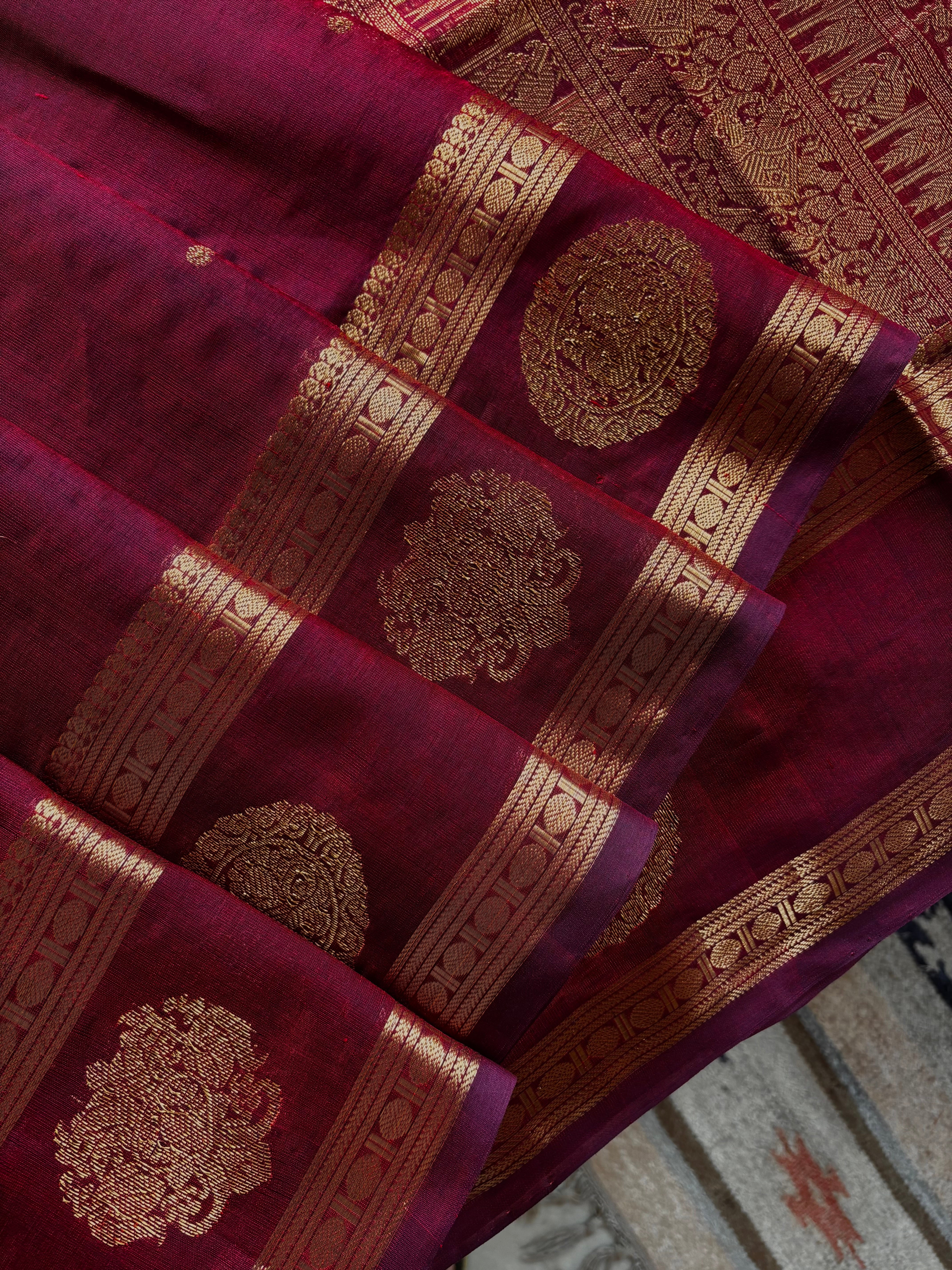 Handwoven Pomegranate Colour Kanchipuram Silk Cotton Saree