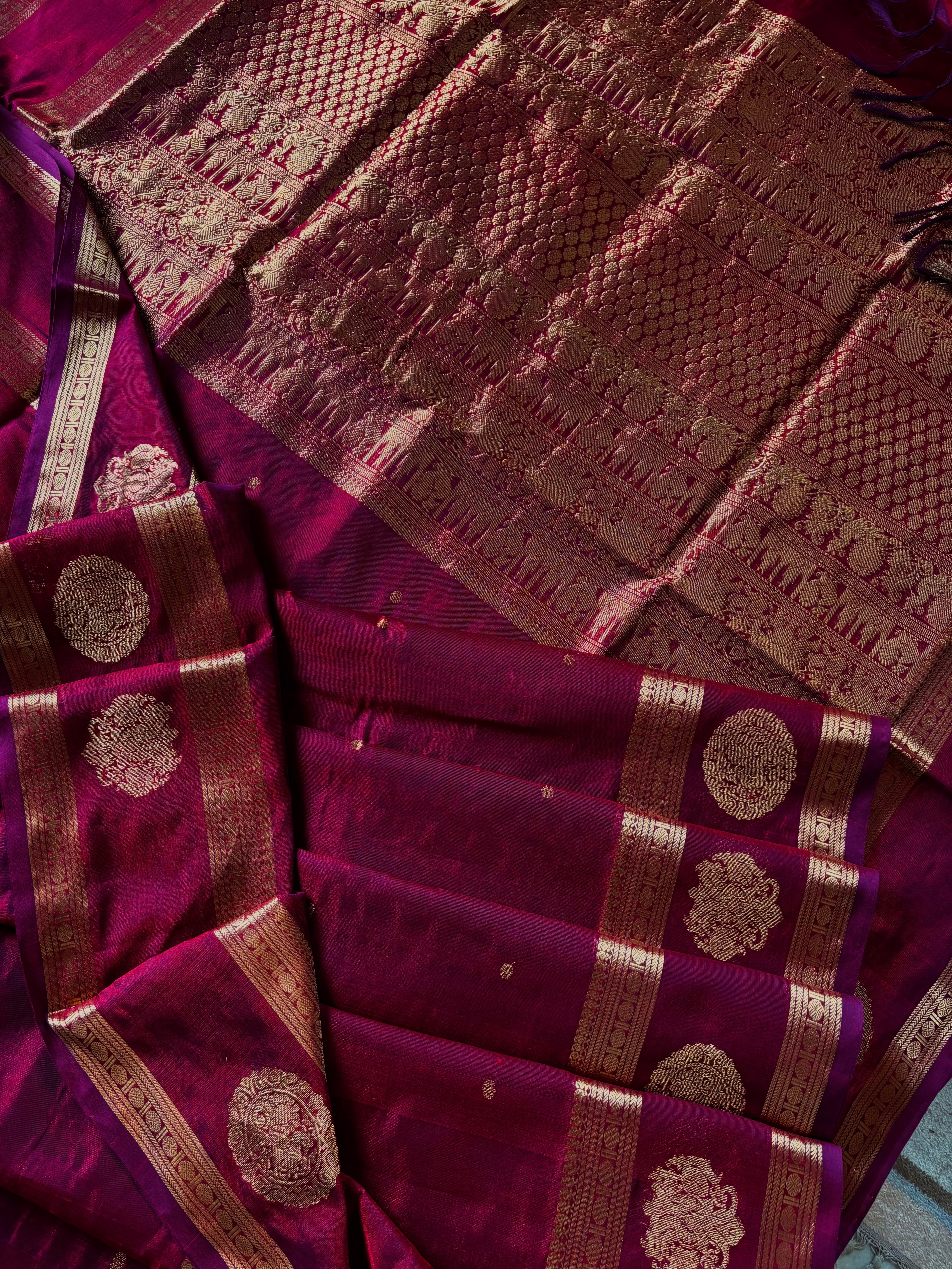Handwoven Pomegranate Colour Kanchipuram Silk Cotton Saree