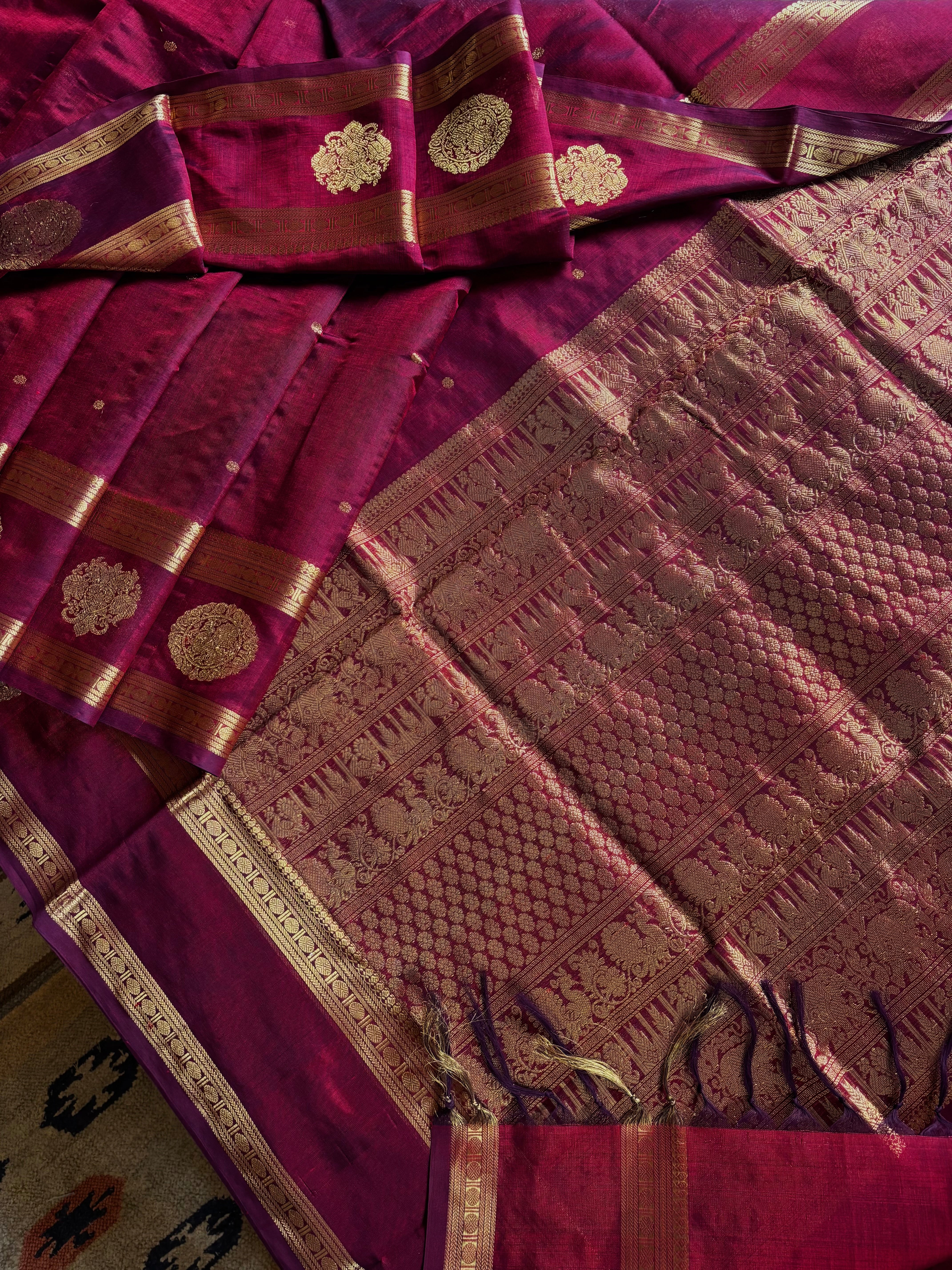 Handwoven Pomegranate Colour Kanchipuram Silk Cotton Saree