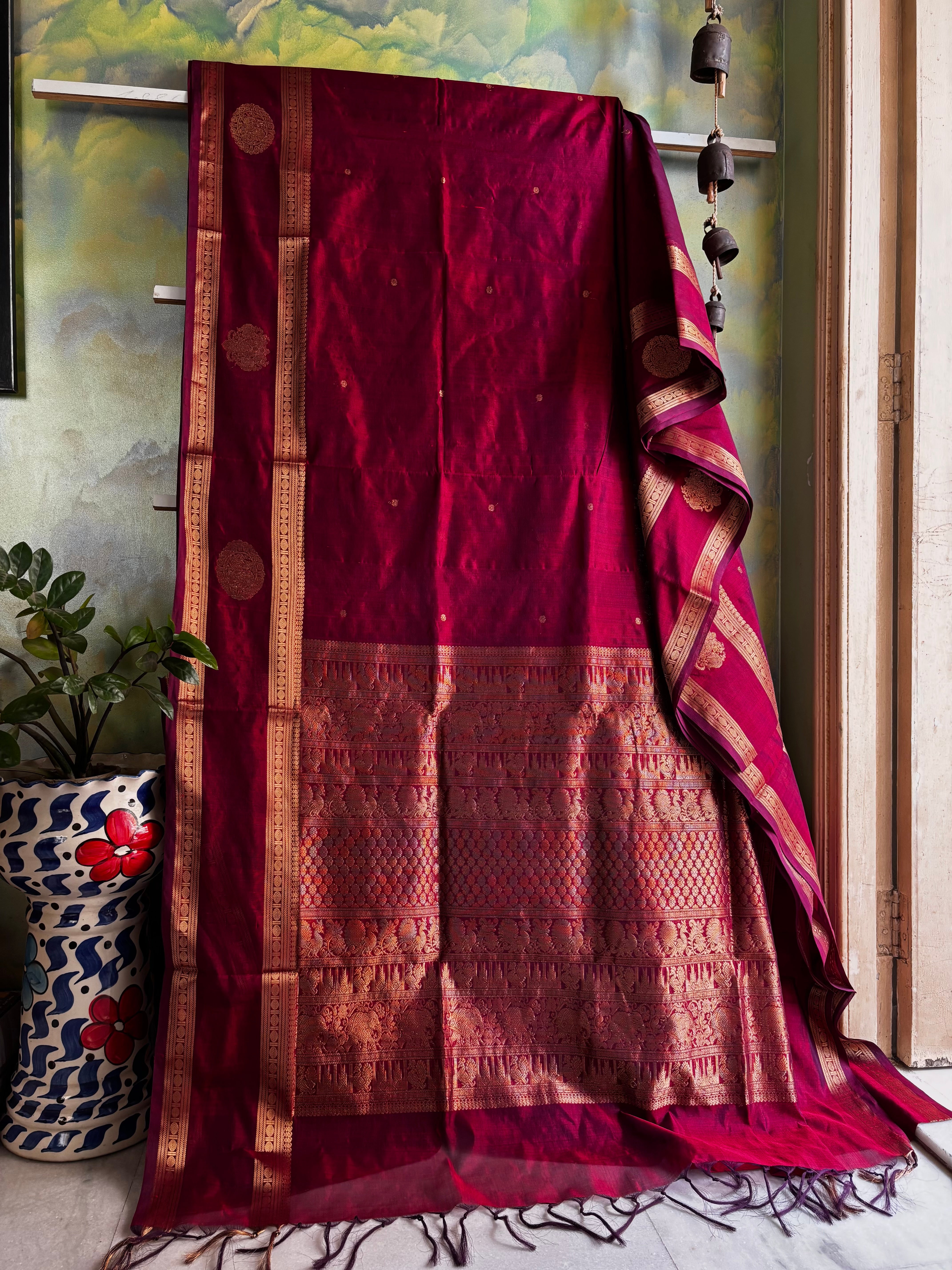 Handwoven Pomegranate Colour Kanchipuram Silk Cotton Saree