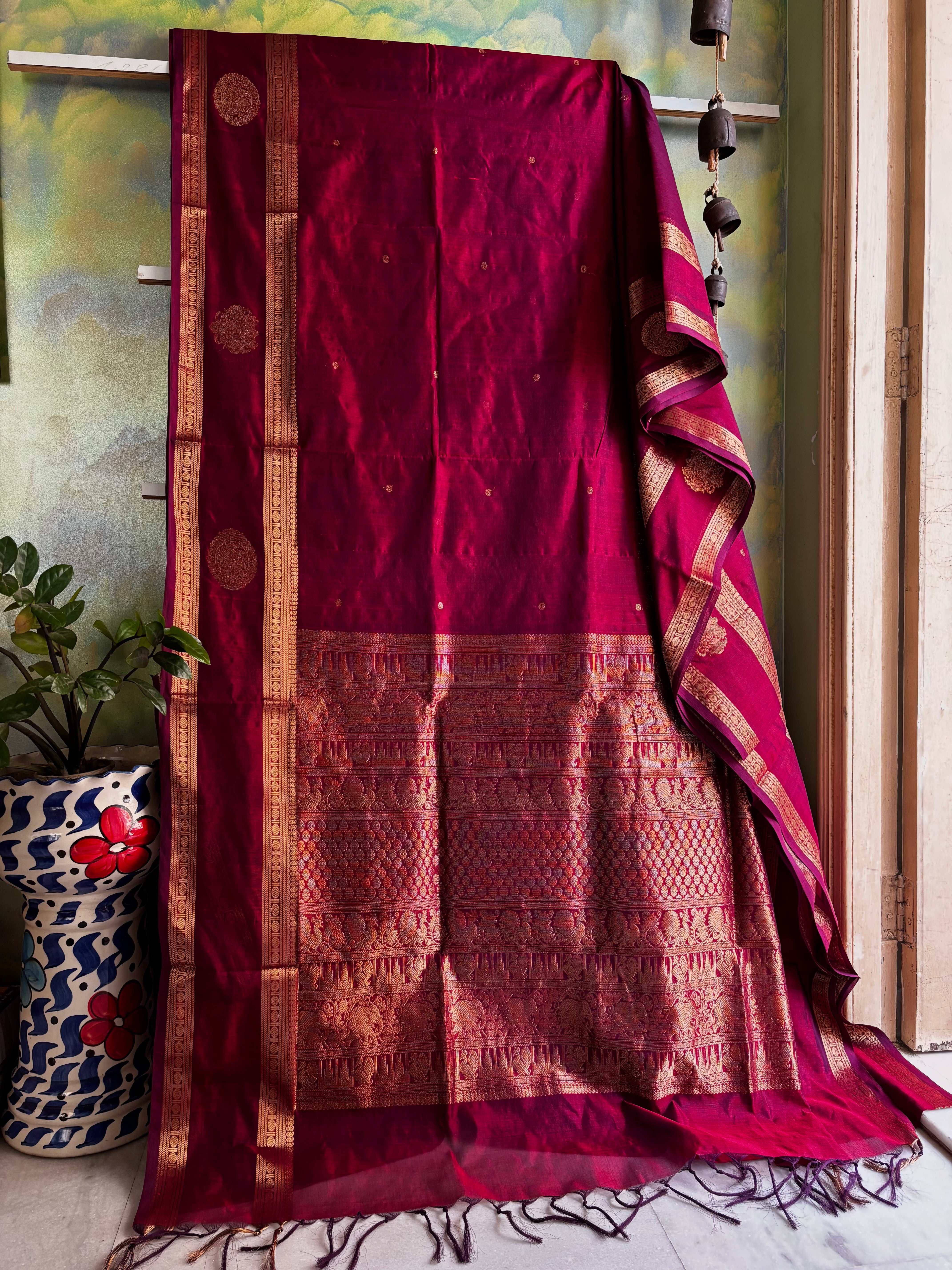 Handwoven Pomegranate Colour Kanchipuram Silk Cotton Saree