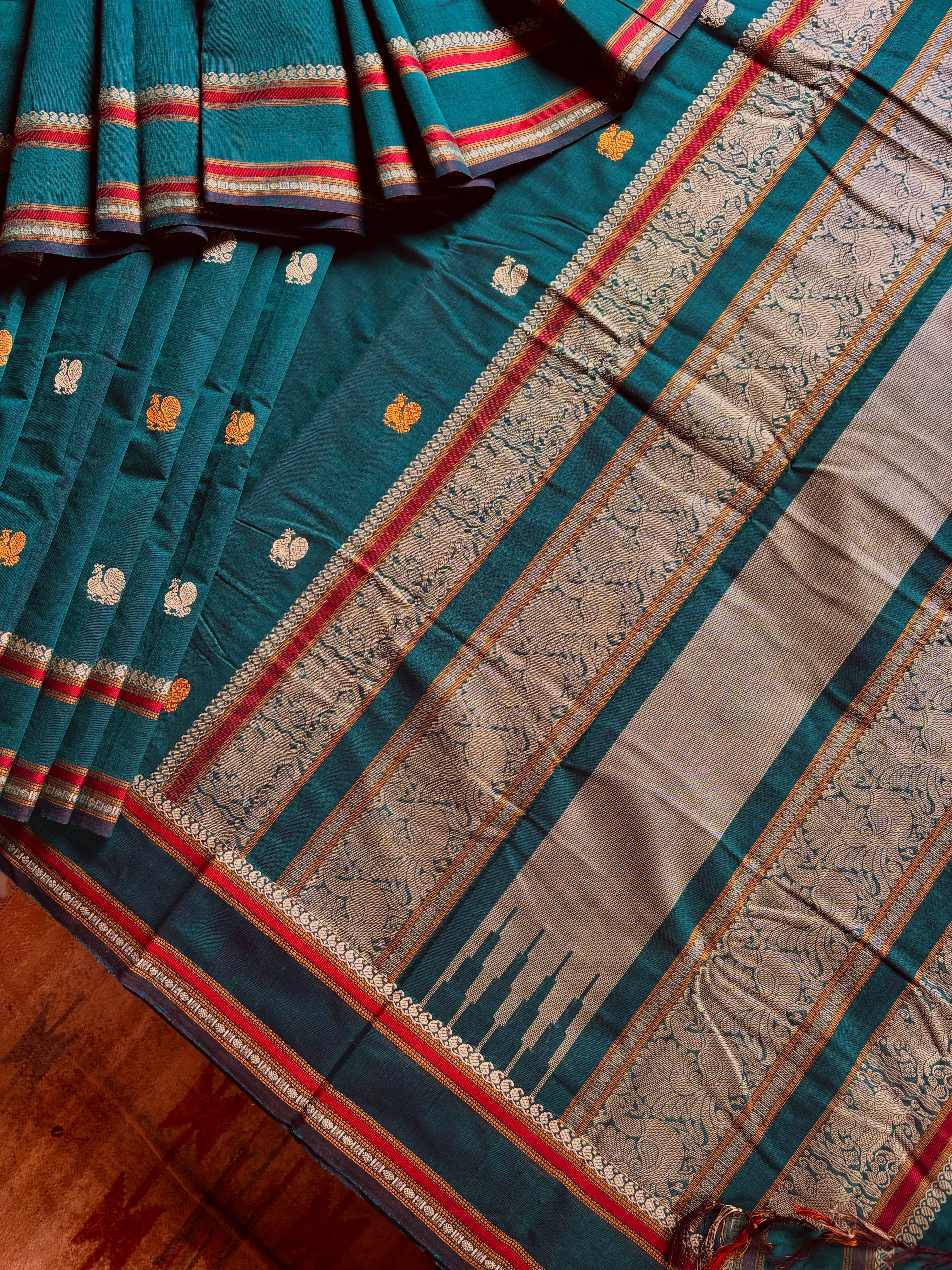Handwoven Peacock Blue Cotton Kanchipuram Saree