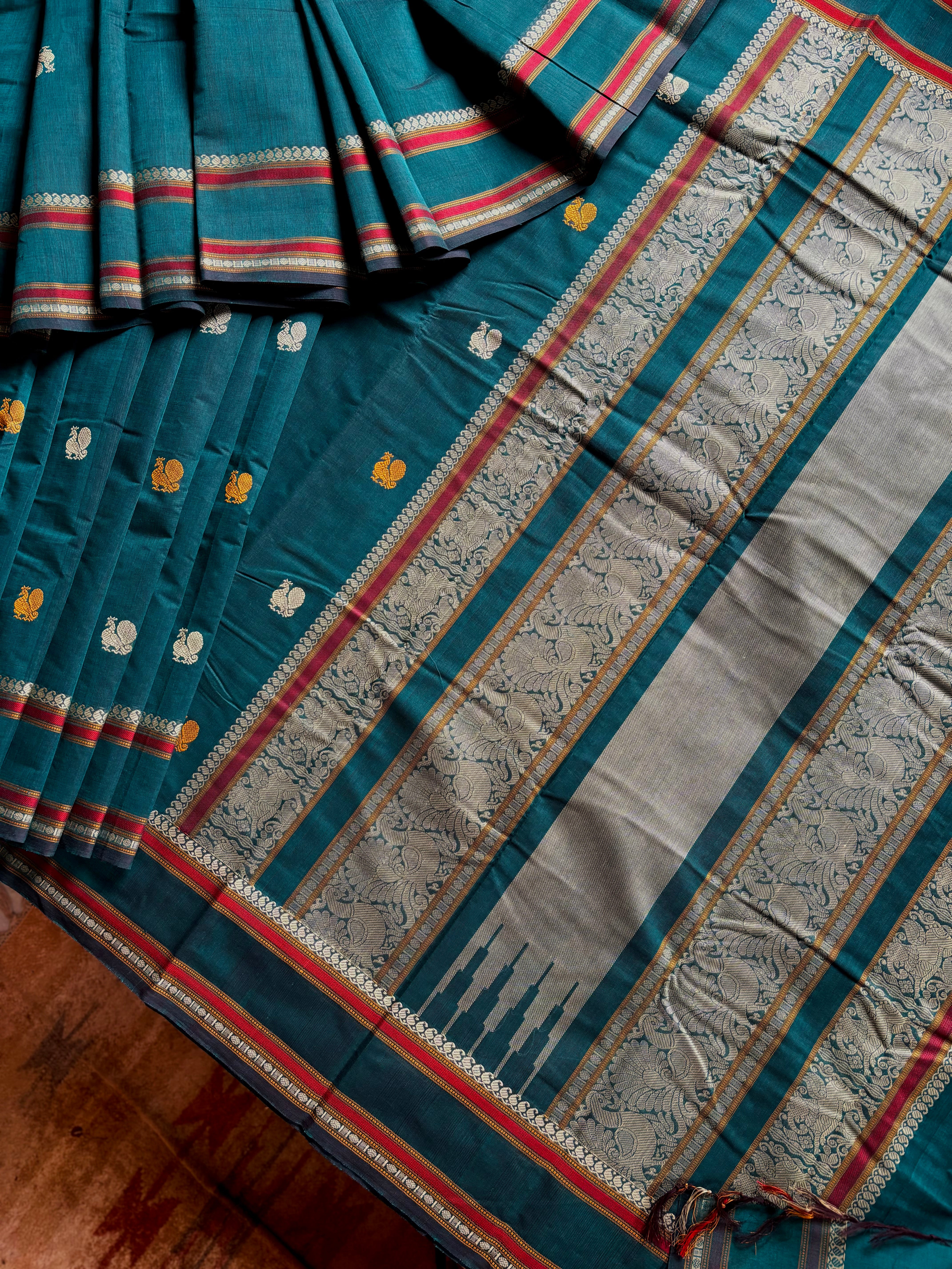 Handwoven Peacock Blue Cotton Kanchipuram Saree