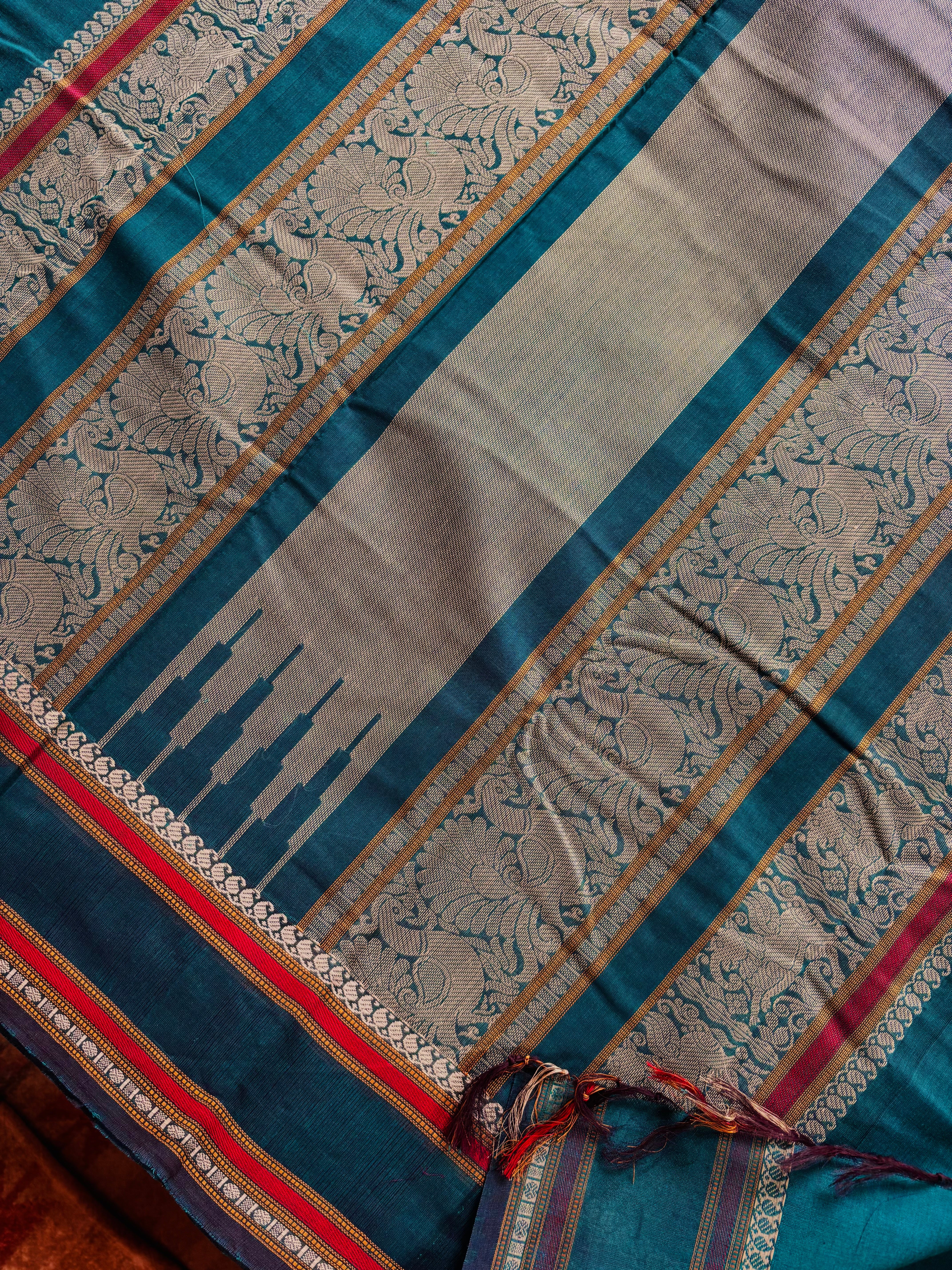 Handwoven Peacock Blue Cotton Kanchipuram Saree