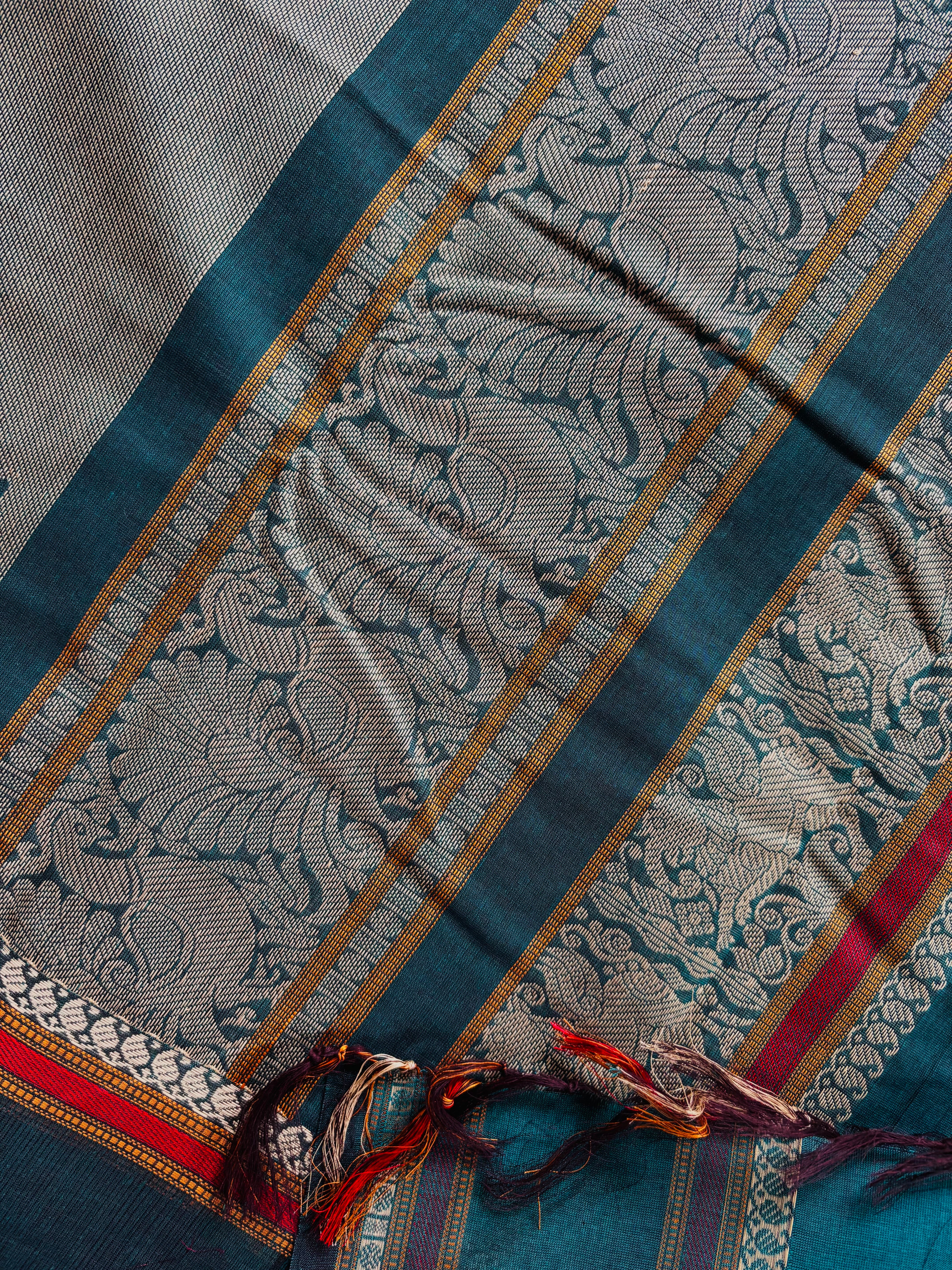Handwoven Peacock Blue Cotton Kanchipuram Saree