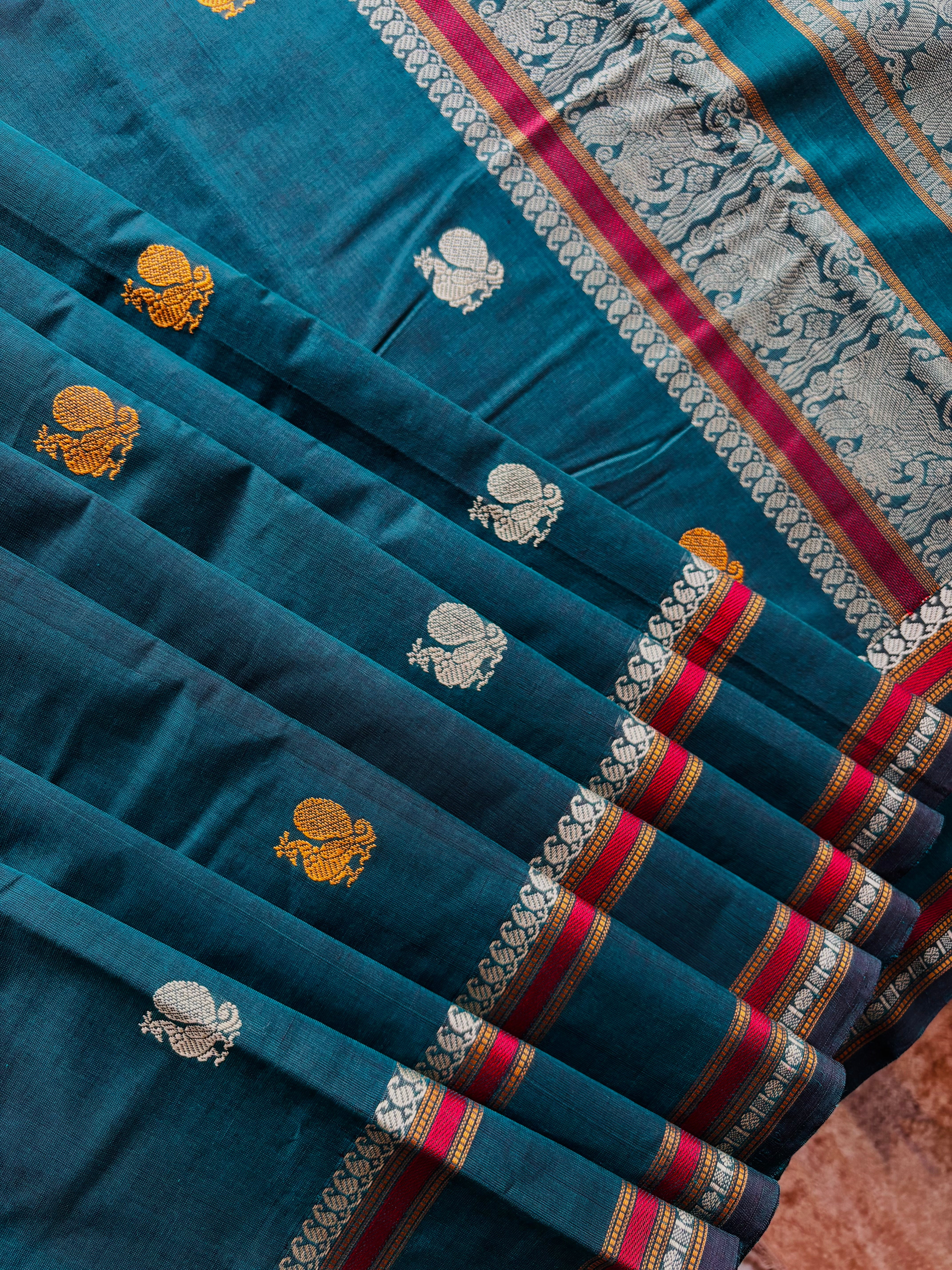 Handwoven Peacock Blue Cotton Kanchipuram Saree