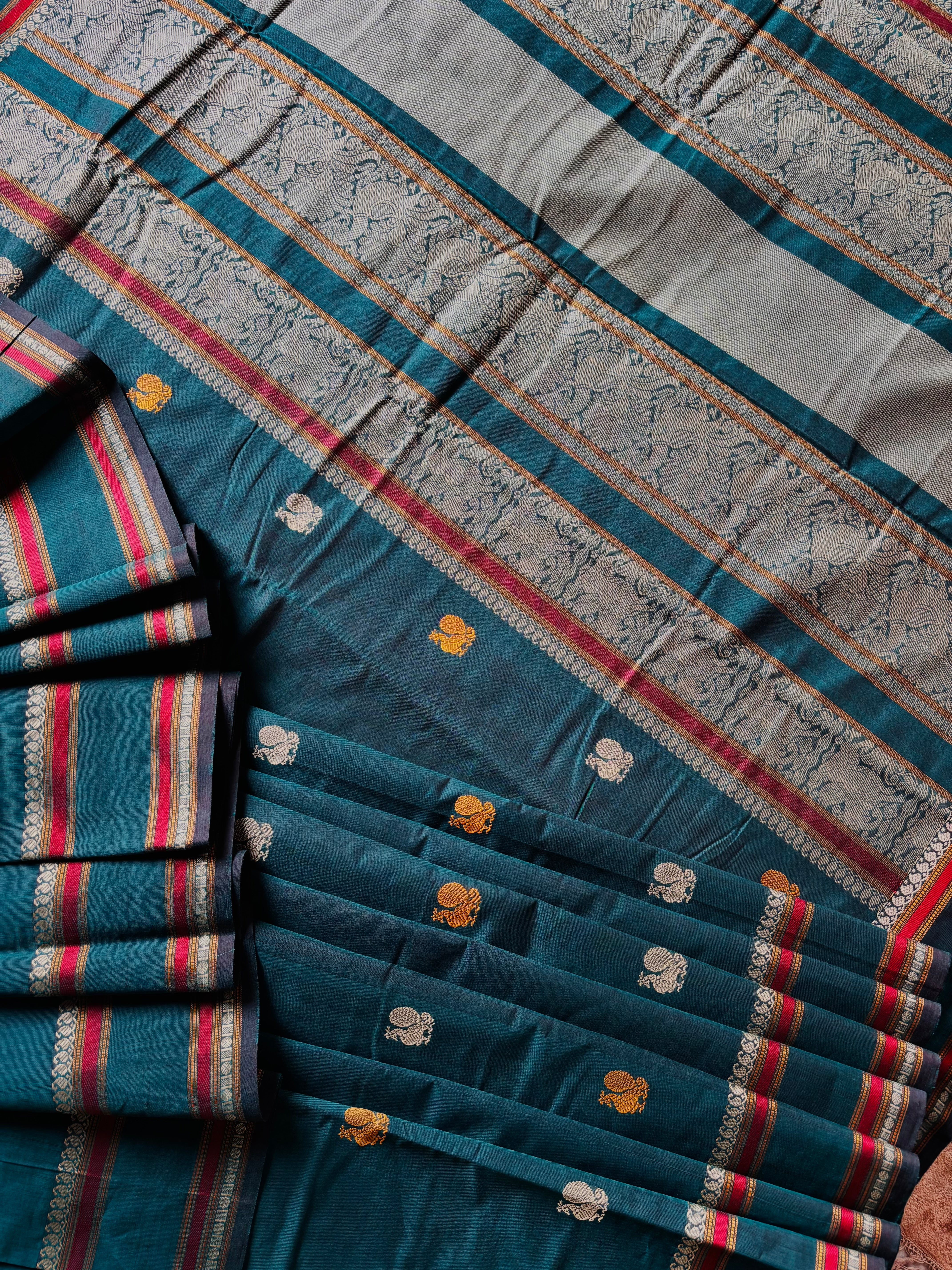 Handwoven Peacock Blue Cotton Kanchipuram Saree